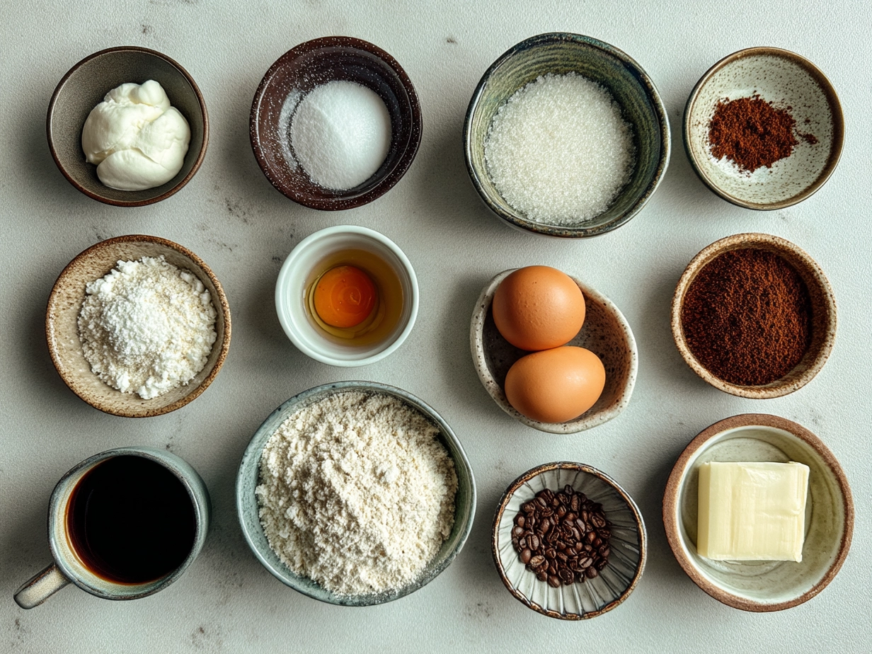 Ingredients for making espresso shortbread cookies including butter, powdered sugar, flour, and espresso powder