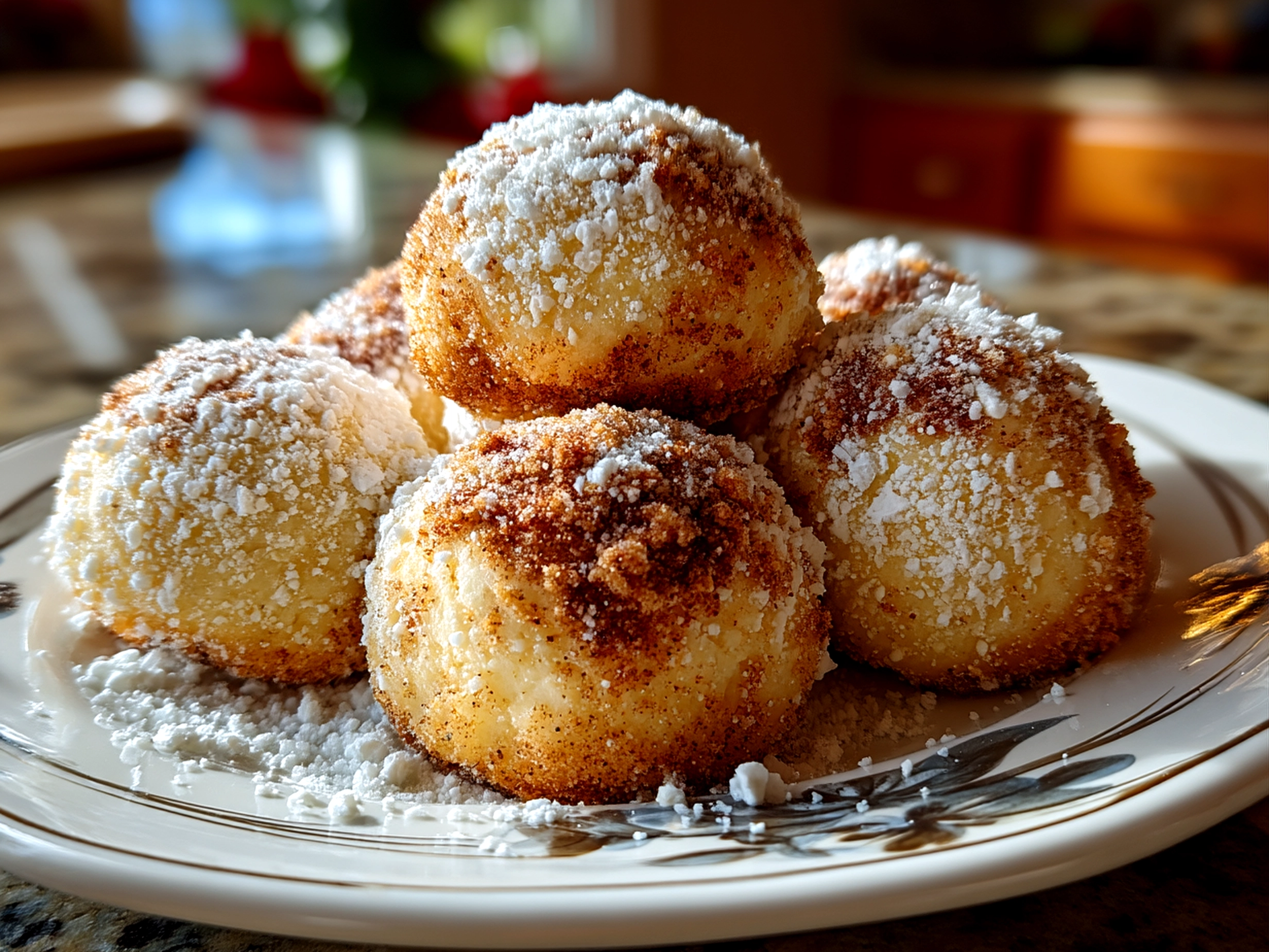 Close-up of finished cinnamon sugar snowball cookies dusted with powdered sugar