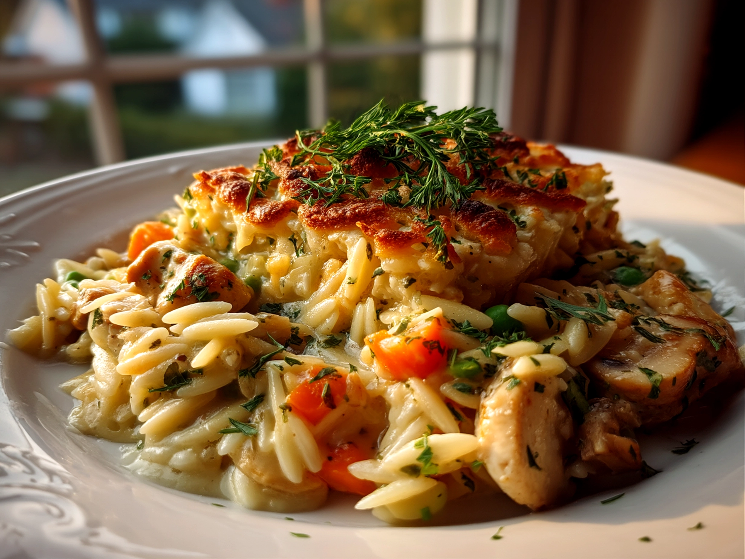Close-up of creamy finished Chicken Pot Pie Orzo served in a bowl