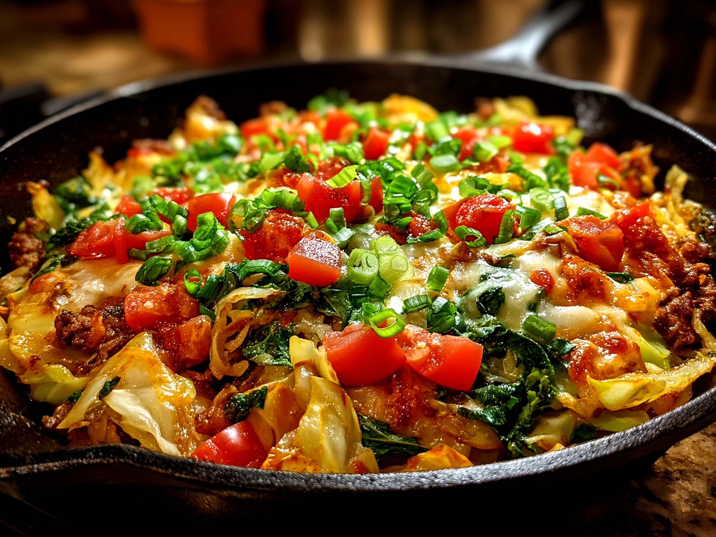 Finished Tex Mex Cabbage Skillet served on clean counter