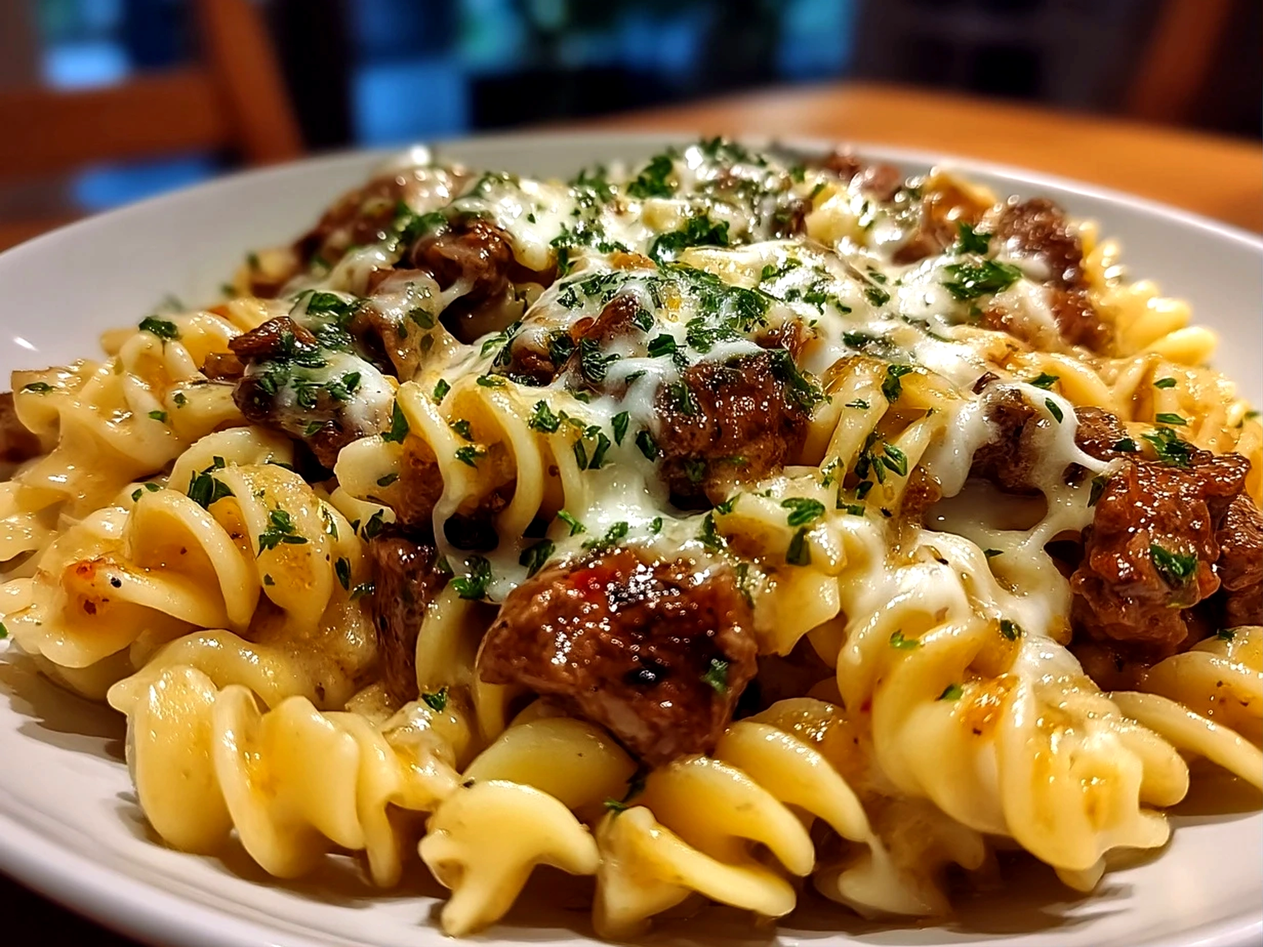Close-up of finished creamy beef pasta served warm and appetizing