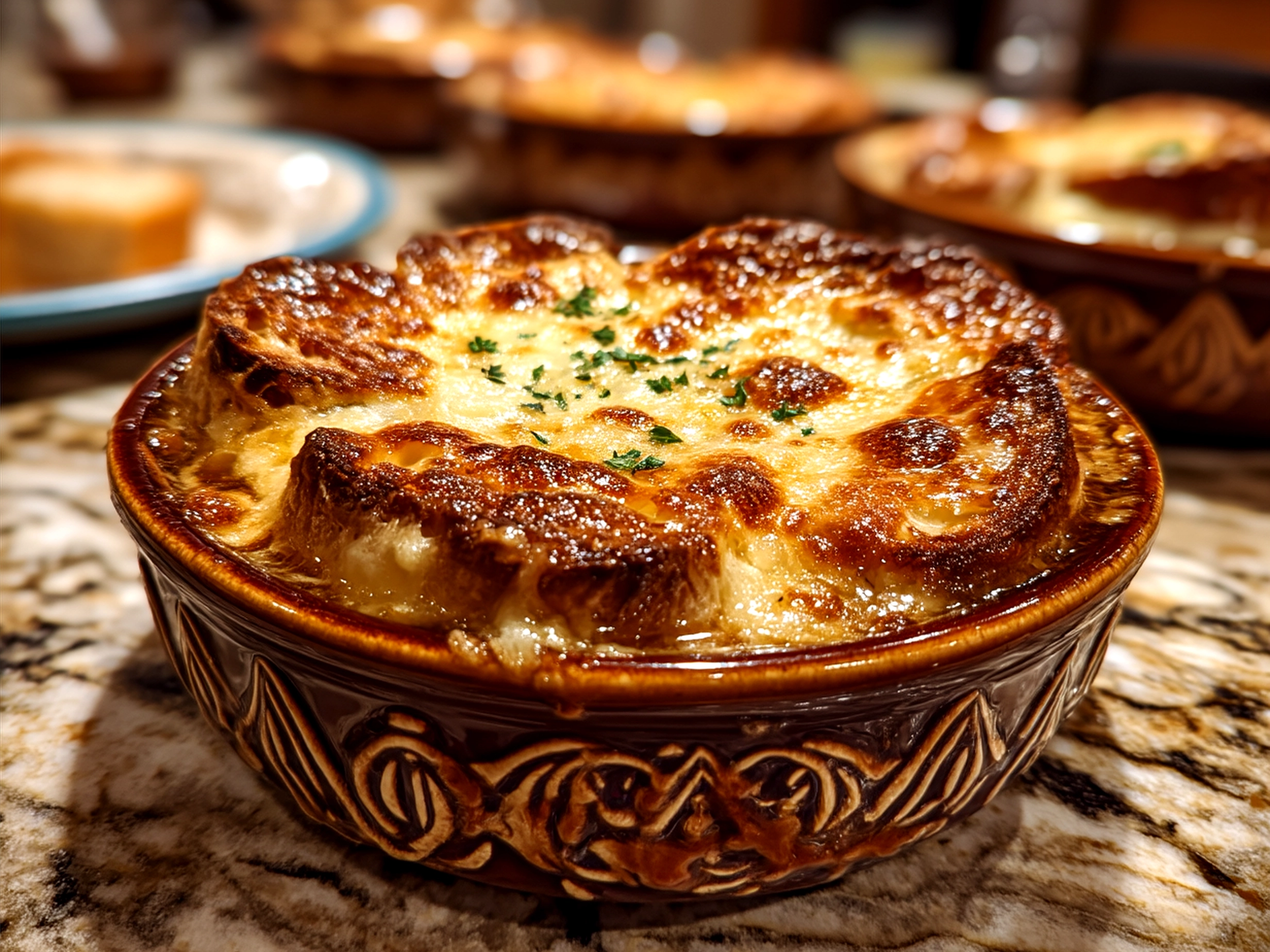 Bowl of French Onion Soup with melted cheese and toasted baguette