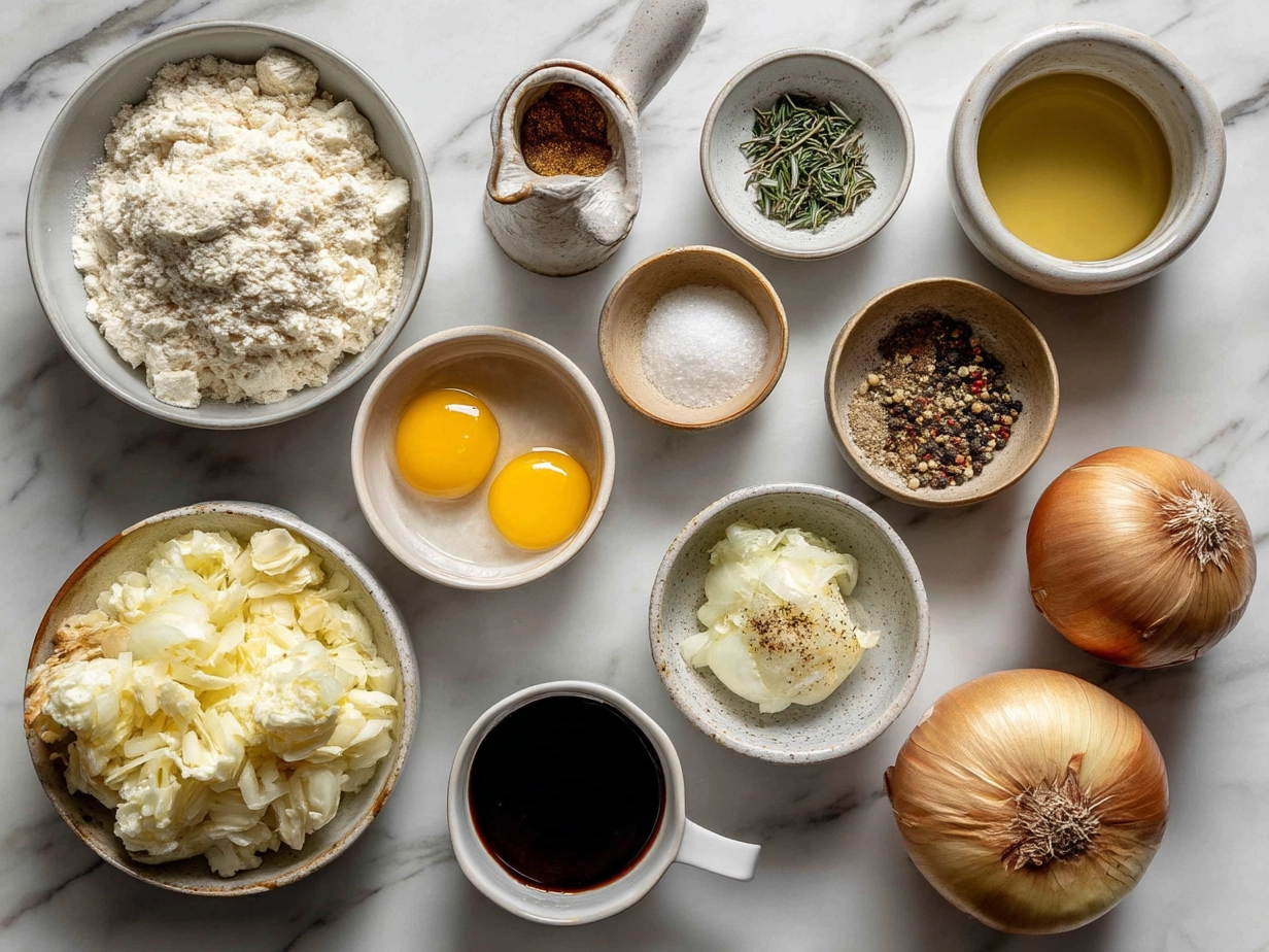 Ingredients for French Onion Soup including onions, butter, garlic and cheese