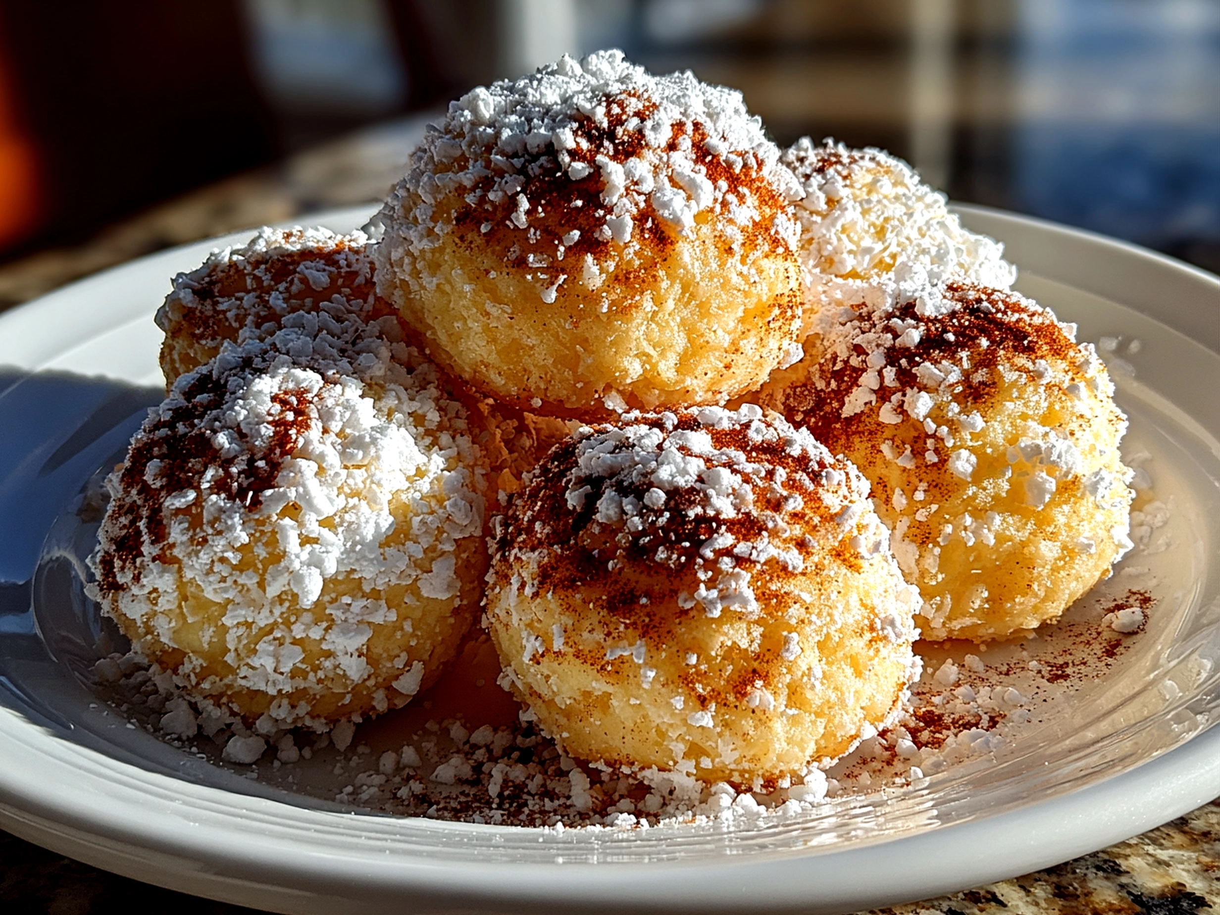 Freshly baked Cinnamon Sugar Snowball Cookies on white plate