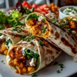 Freshly prepared Buffalo Chickpea Wraps on white plate