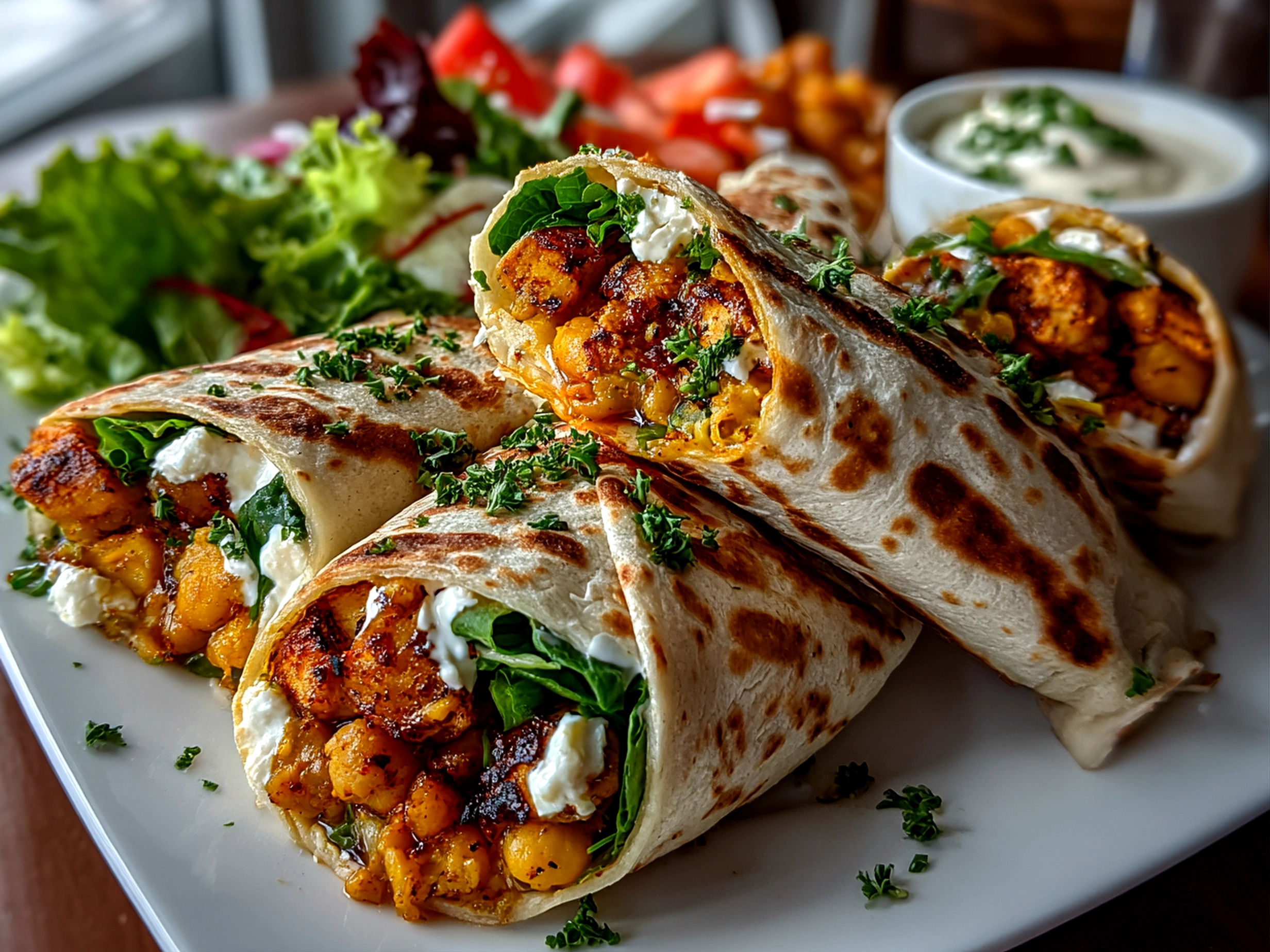 Freshly prepared Buffalo Chickpea Wraps on white plate