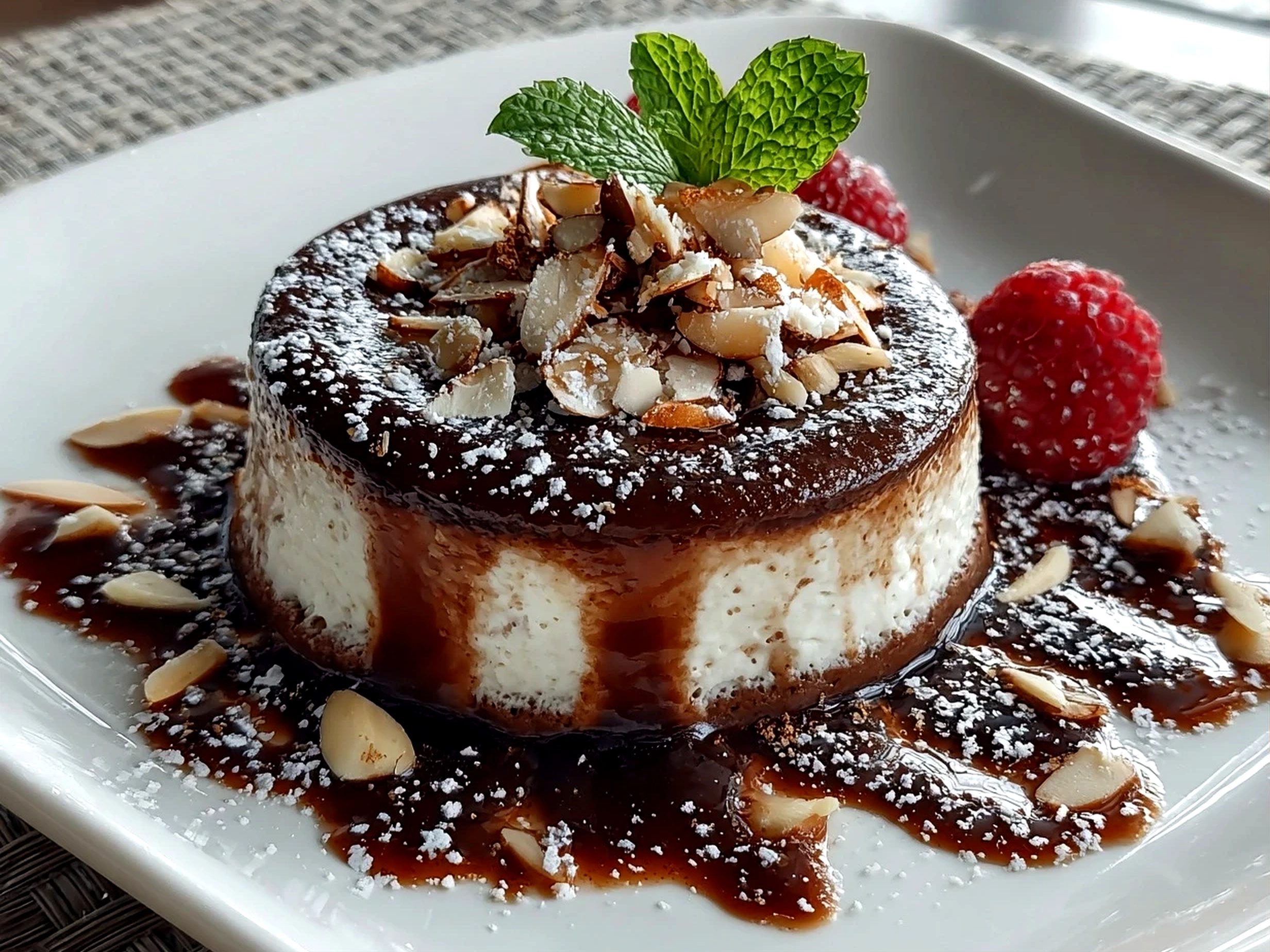 Freshly prepared Coconut Almond Chocolate Pudding close-up