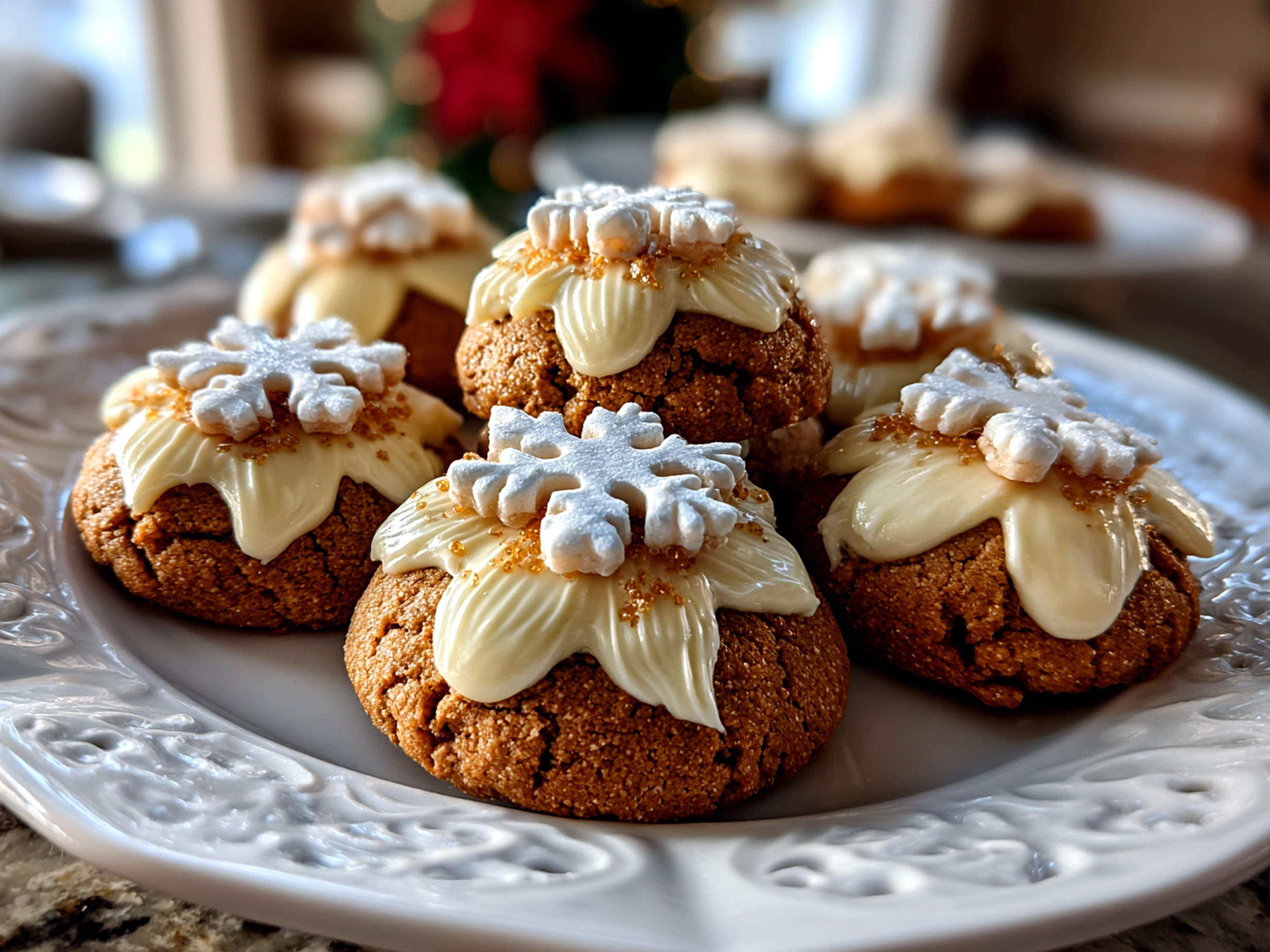 Freshly prepared eggnog gingerbread thumbprint cookies on modern kitchen counter