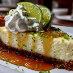 Freshly prepared Key Lime Pie slice on white plate