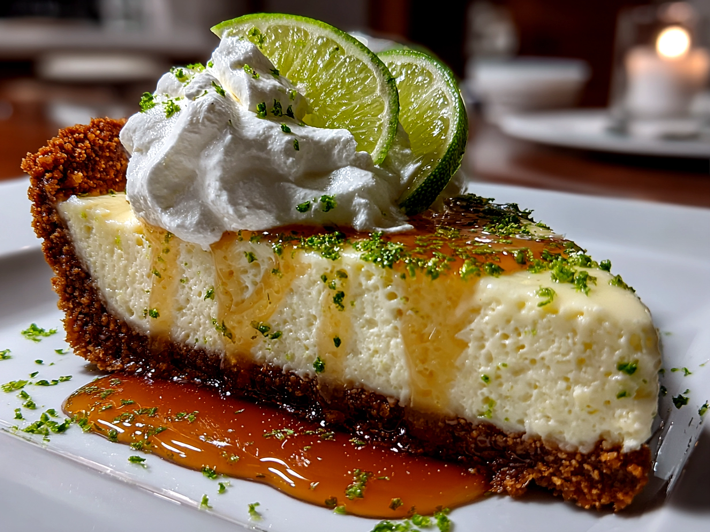 Freshly prepared Key Lime Pie slice on white plate