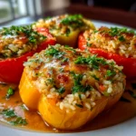 Freshly prepared Stuffed Bell Pepper Rice Boats on white plate