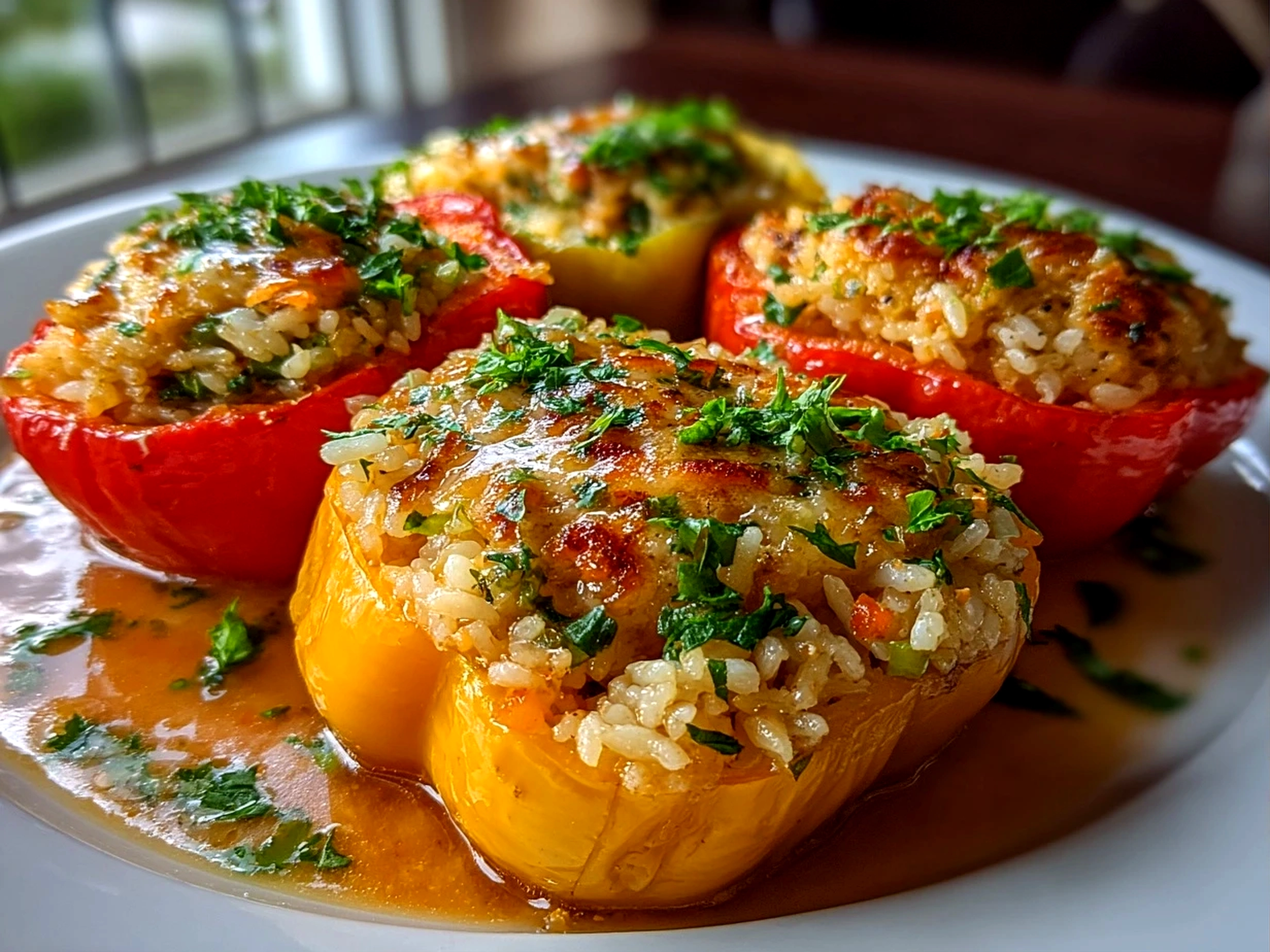 Freshly prepared Stuffed Bell Pepper Rice Boats on white plate