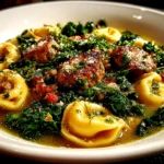 Freshly prepared tortellini soup with sausage and kale