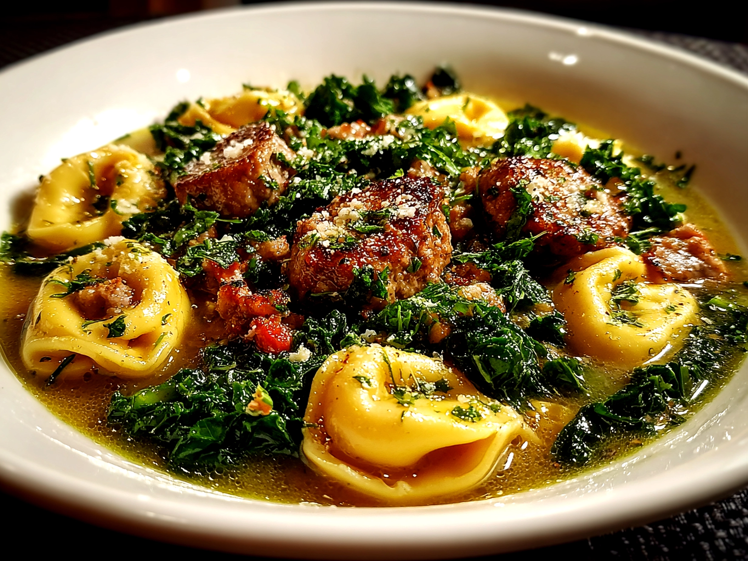 Freshly prepared tortellini soup with sausage and kale