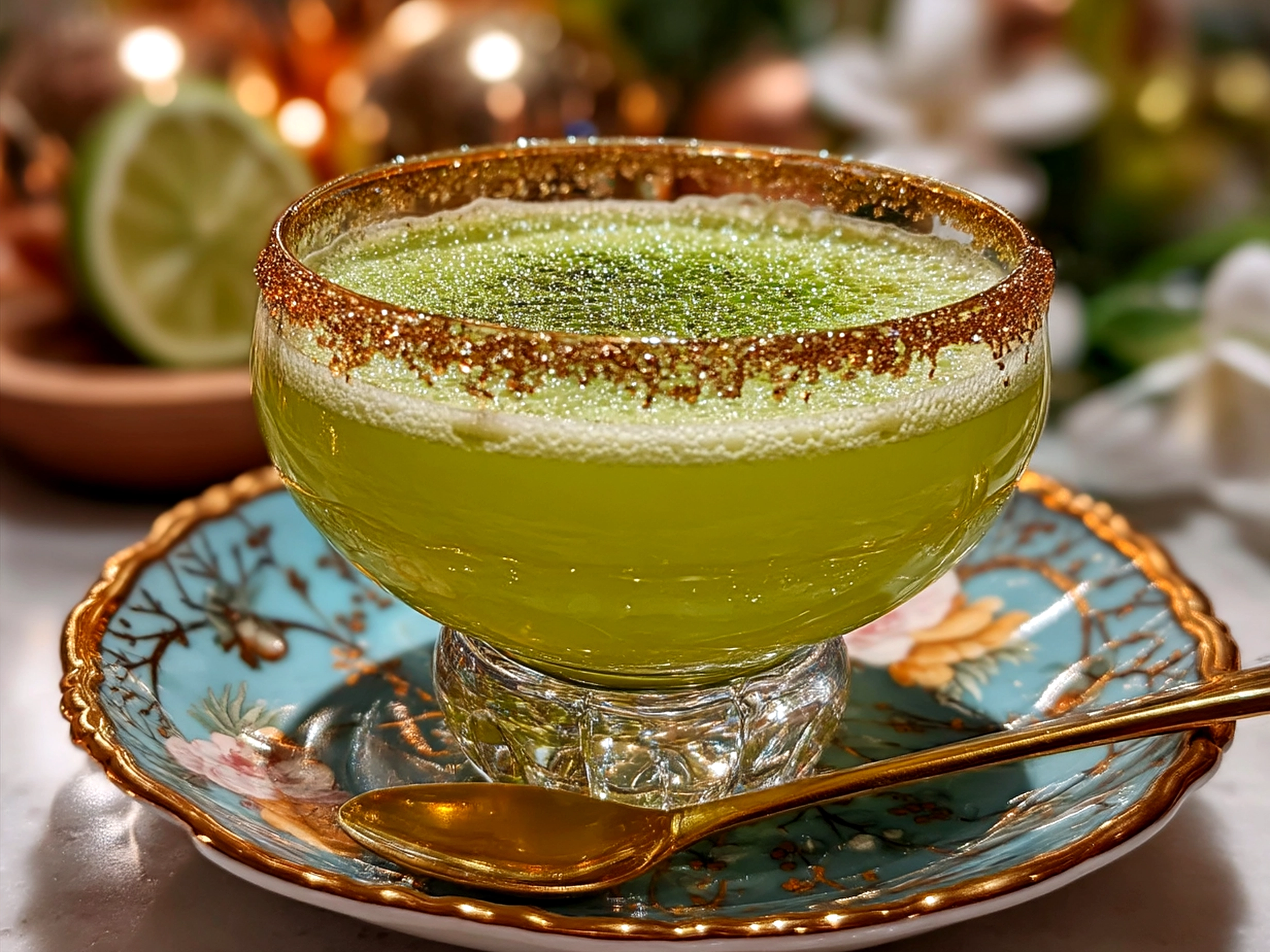 Bright green Grinch Cocktail Drink served with lime wedge and cherry garnish