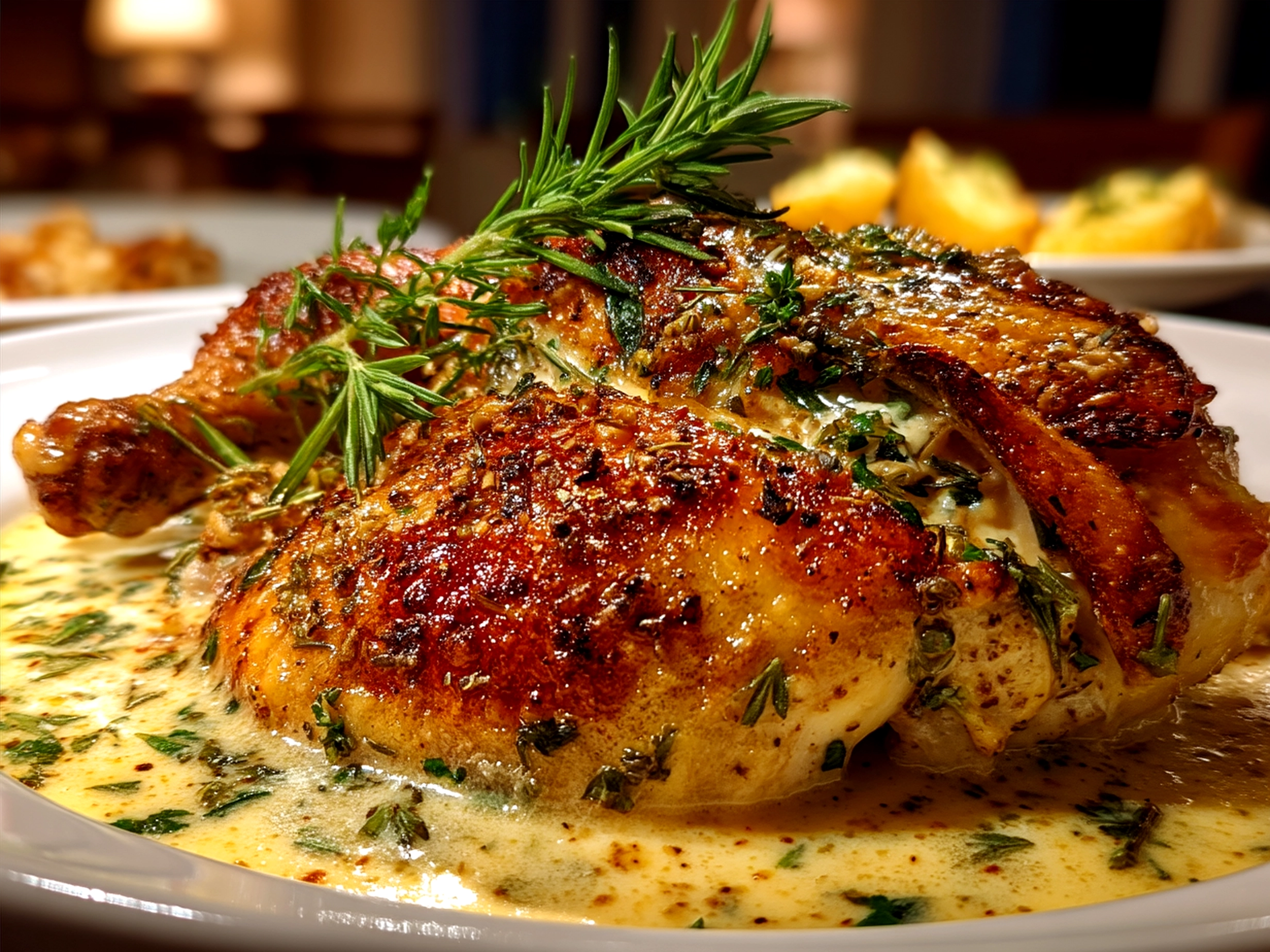 Served Herb Roasted Chicken in Creamy White Sauce garnished with parsley over mashed potatoes