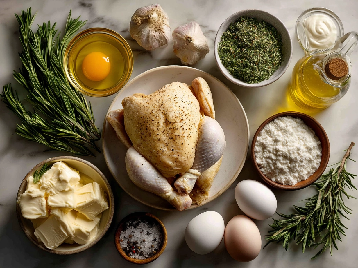 Ingredients for Herb Roasted Chicken in Creamy White Sauce including chicken thighs, garlic, herbs, cream, and broth