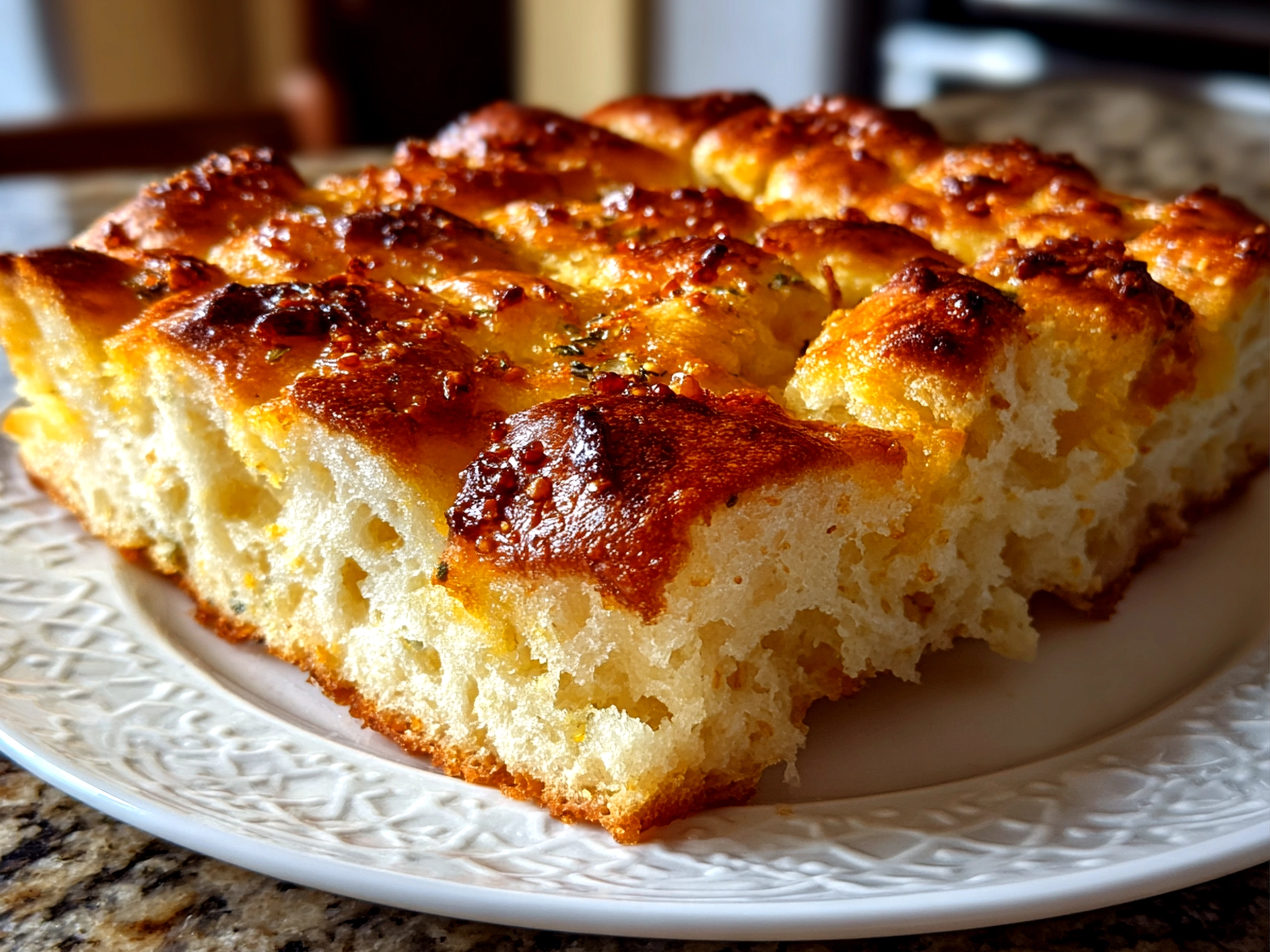 Home cook, taken with iPhone 14. Close-up slight angle of delicious focaccia decorative loaf on white plate. warm appetizing --ar 4:3 --style raw --s 250