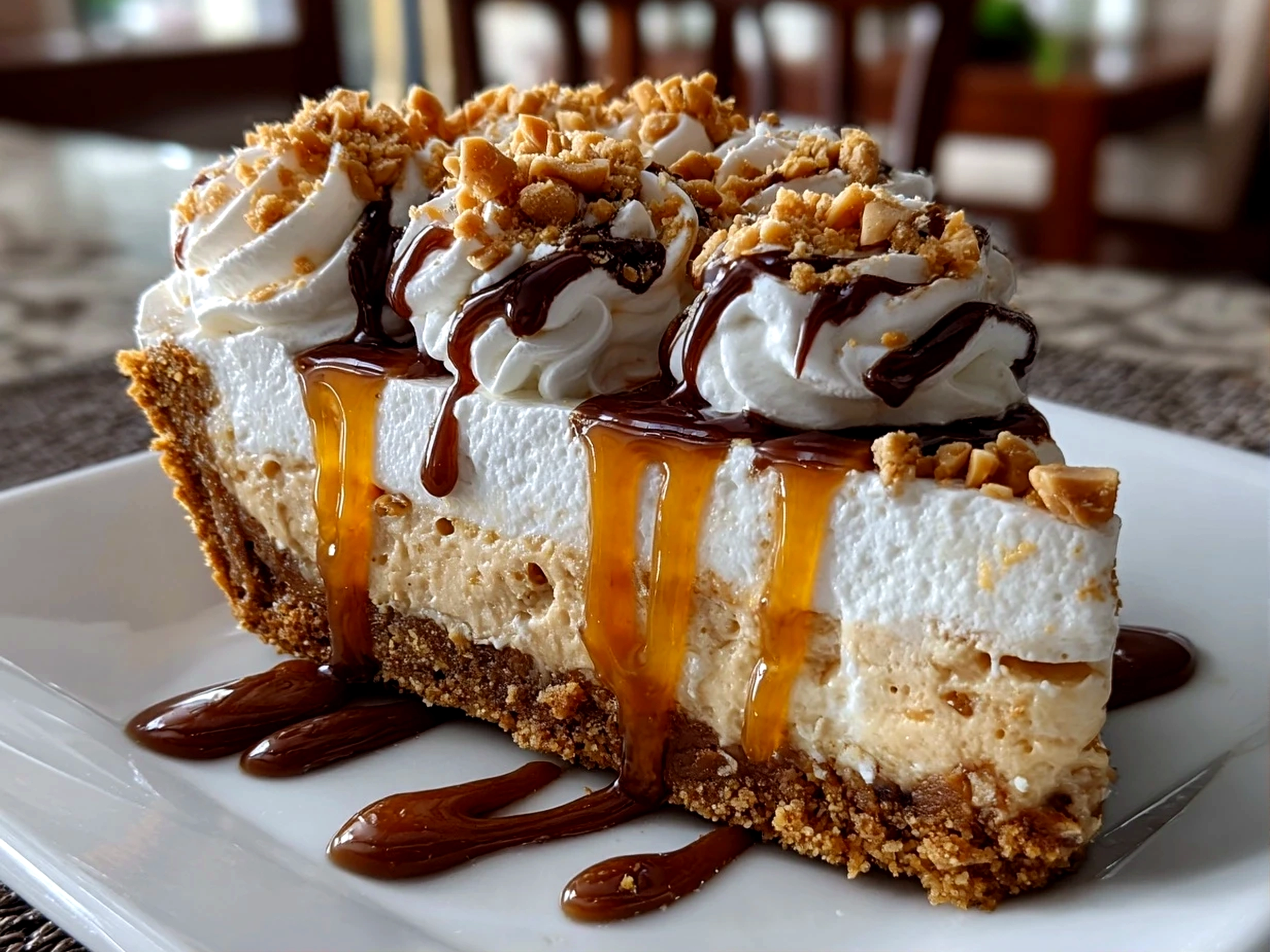 Homemade Old Fashioned Peanut Butter Pie on white plate