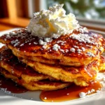 Homemade pumpkin spice pancakes on white plate