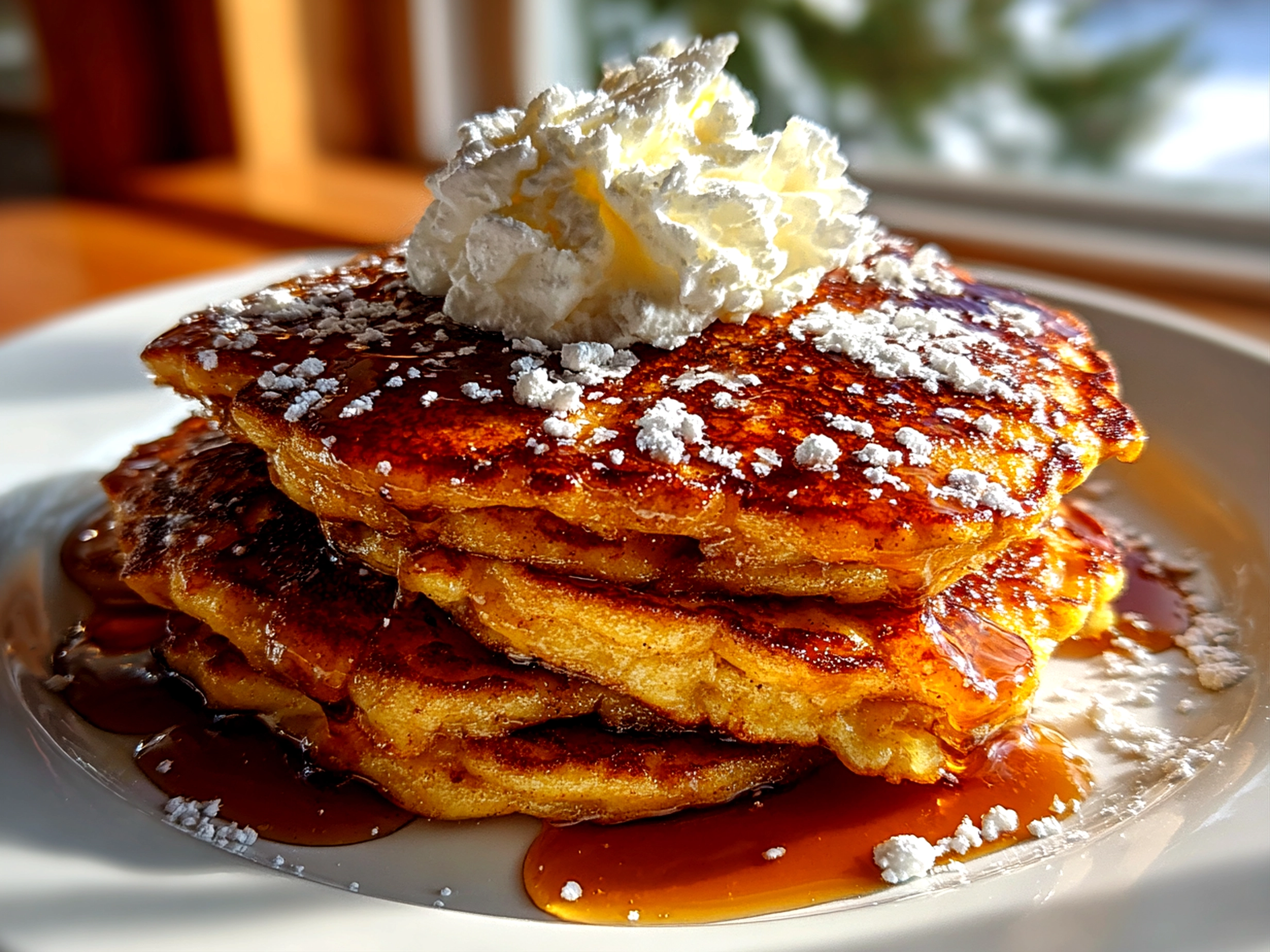 Homemade pumpkin spice pancakes on white plate