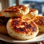 Homemade sourdough English muffins fresh on a white plate