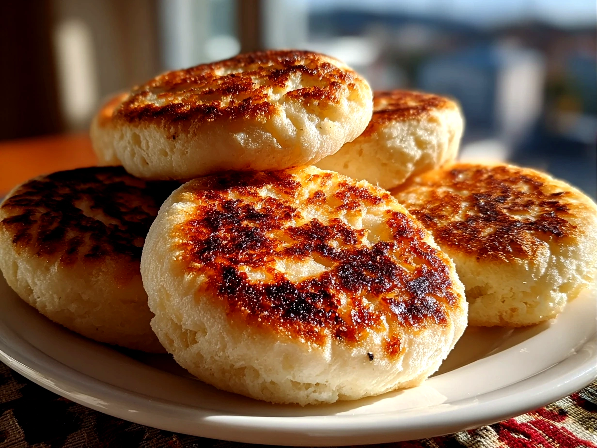 Homemade sourdough English muffins fresh on a white plate
