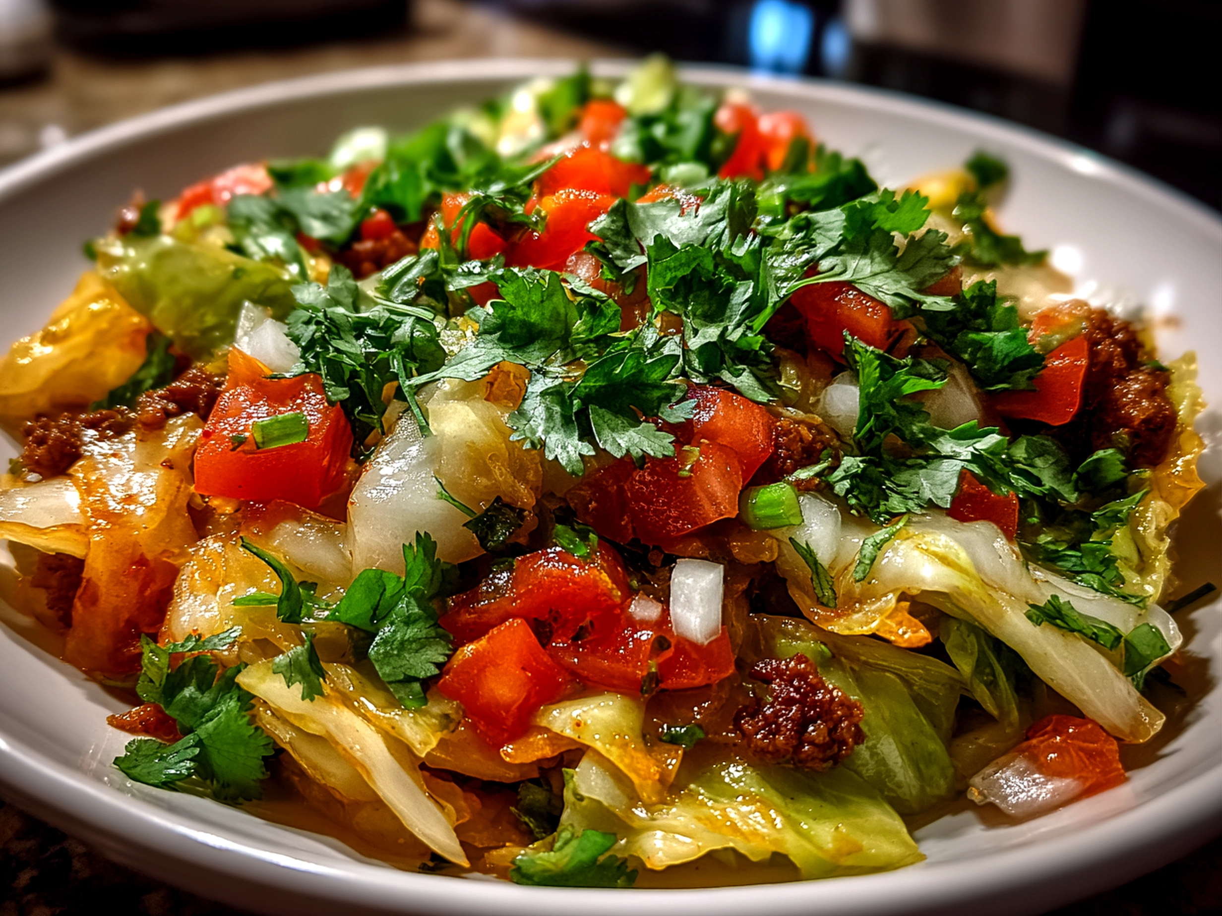 Homemade Tex Mex Cabbage Skillet on White Plate