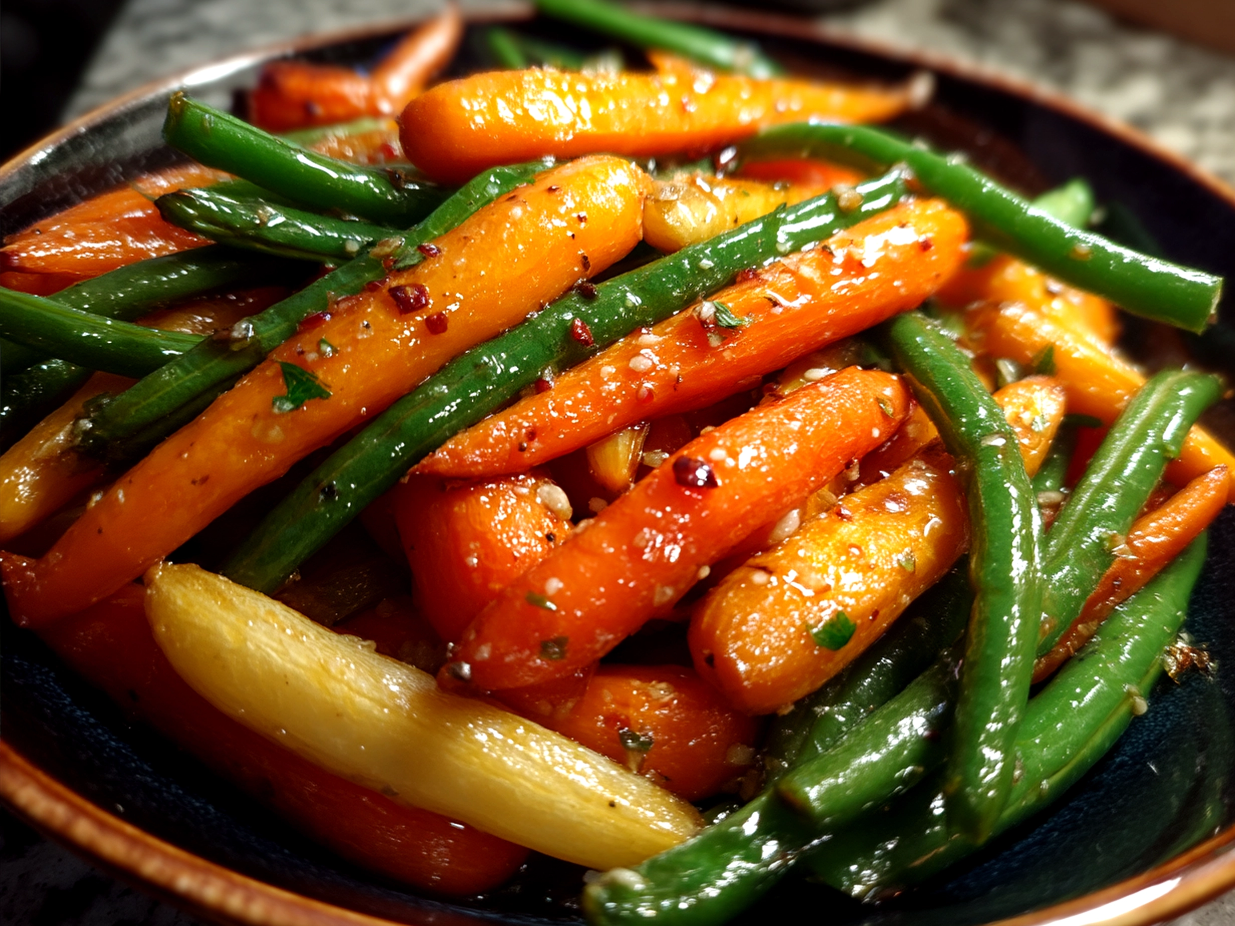 Honey Glazed Carrots Green Beans served in a bowl on a dinner table