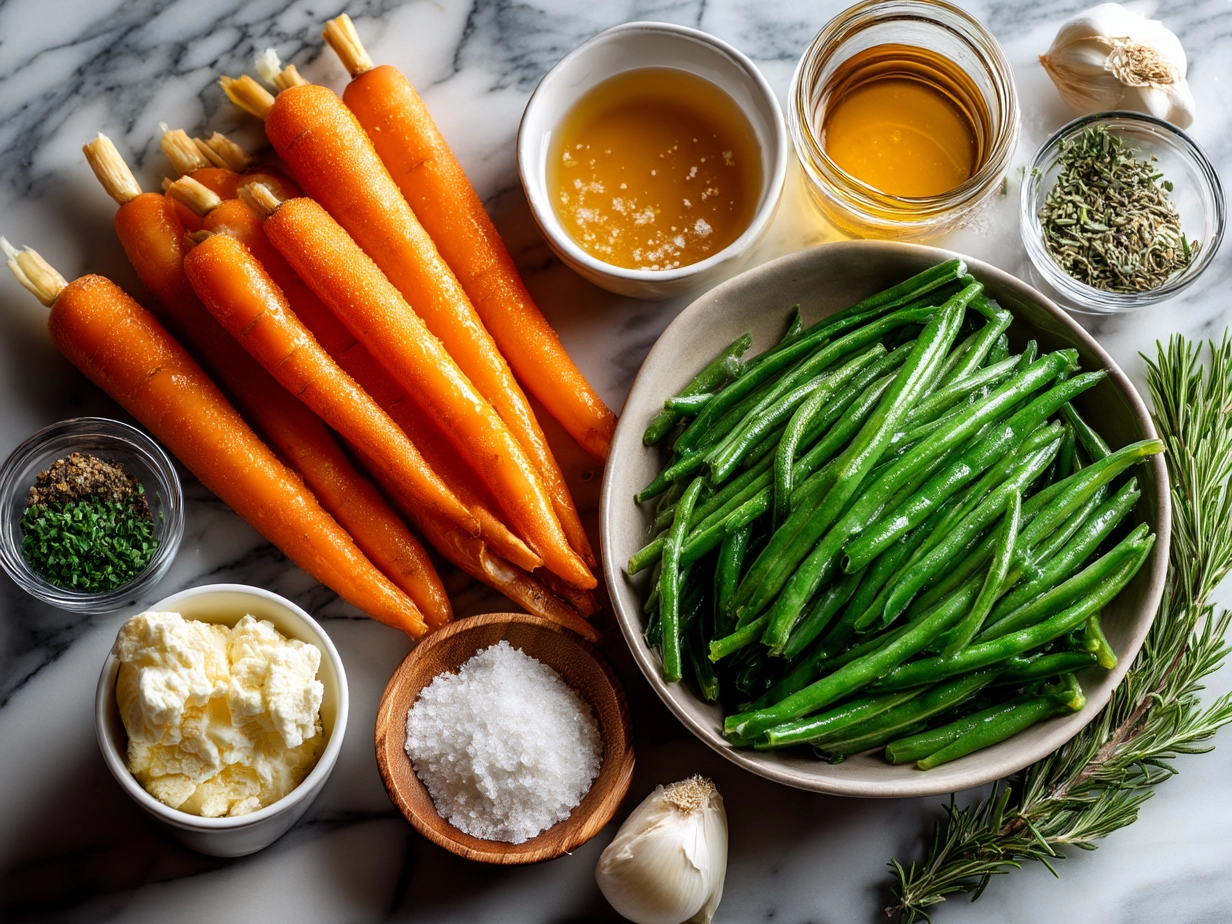 Ingredients for Honey Glazed Carrots Green Beans laid out on a kitchen counter