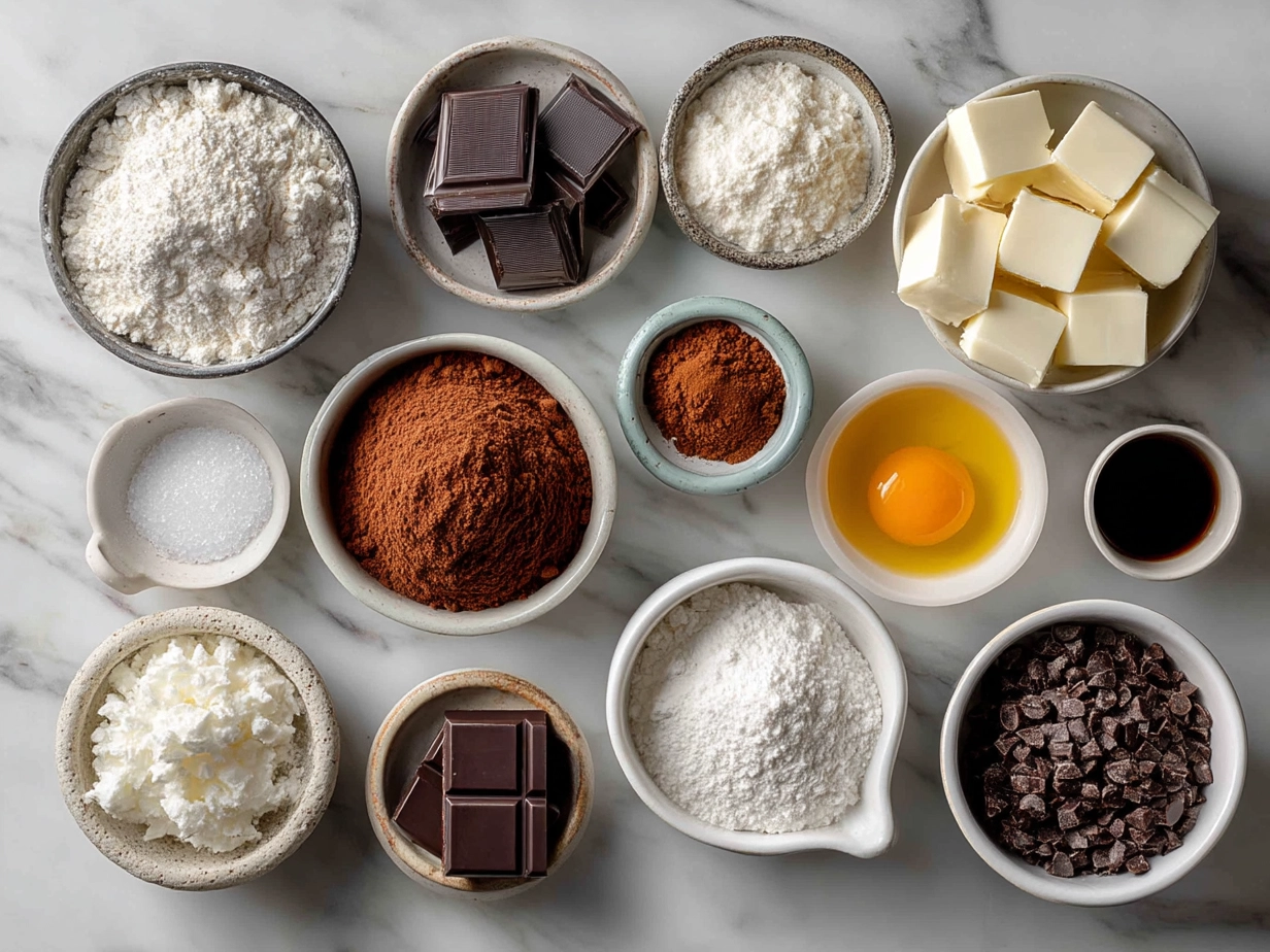 Ingredients for Hot Chocolate Cookies Treats including flour, cocoa powder, butter, sugars, egg, vanilla, marshmallows, and chocolate chips