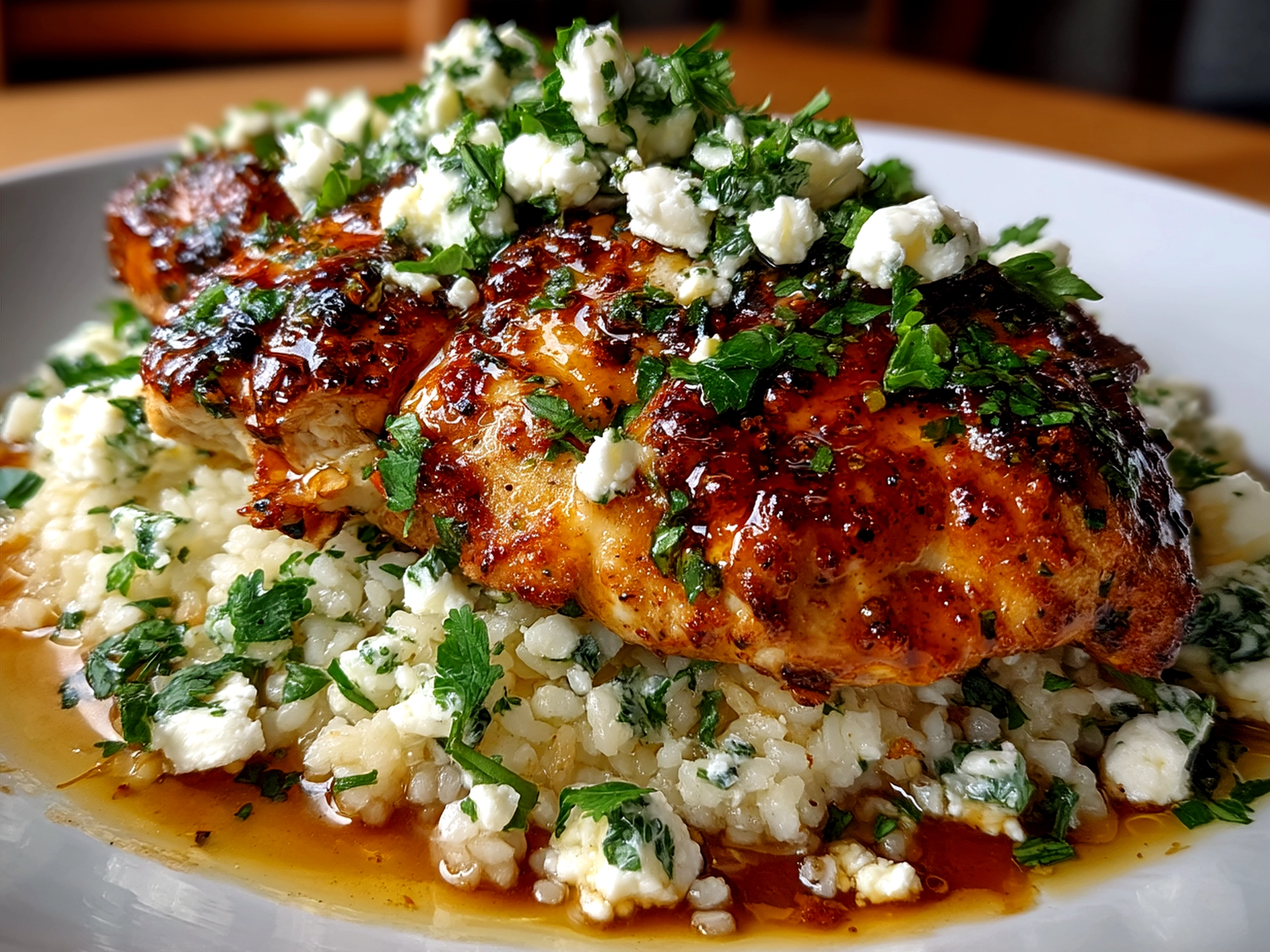 Served Hot Honey Infused Feta Chicken garnished with fresh parsley.