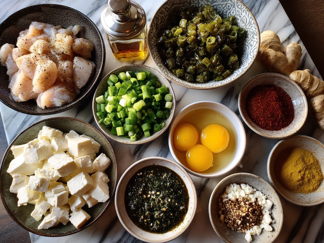 Ingredients for Hot Honey Infused Feta Chicken including chicken breasts, feta cheese, hot honey, olive oil, and spices.