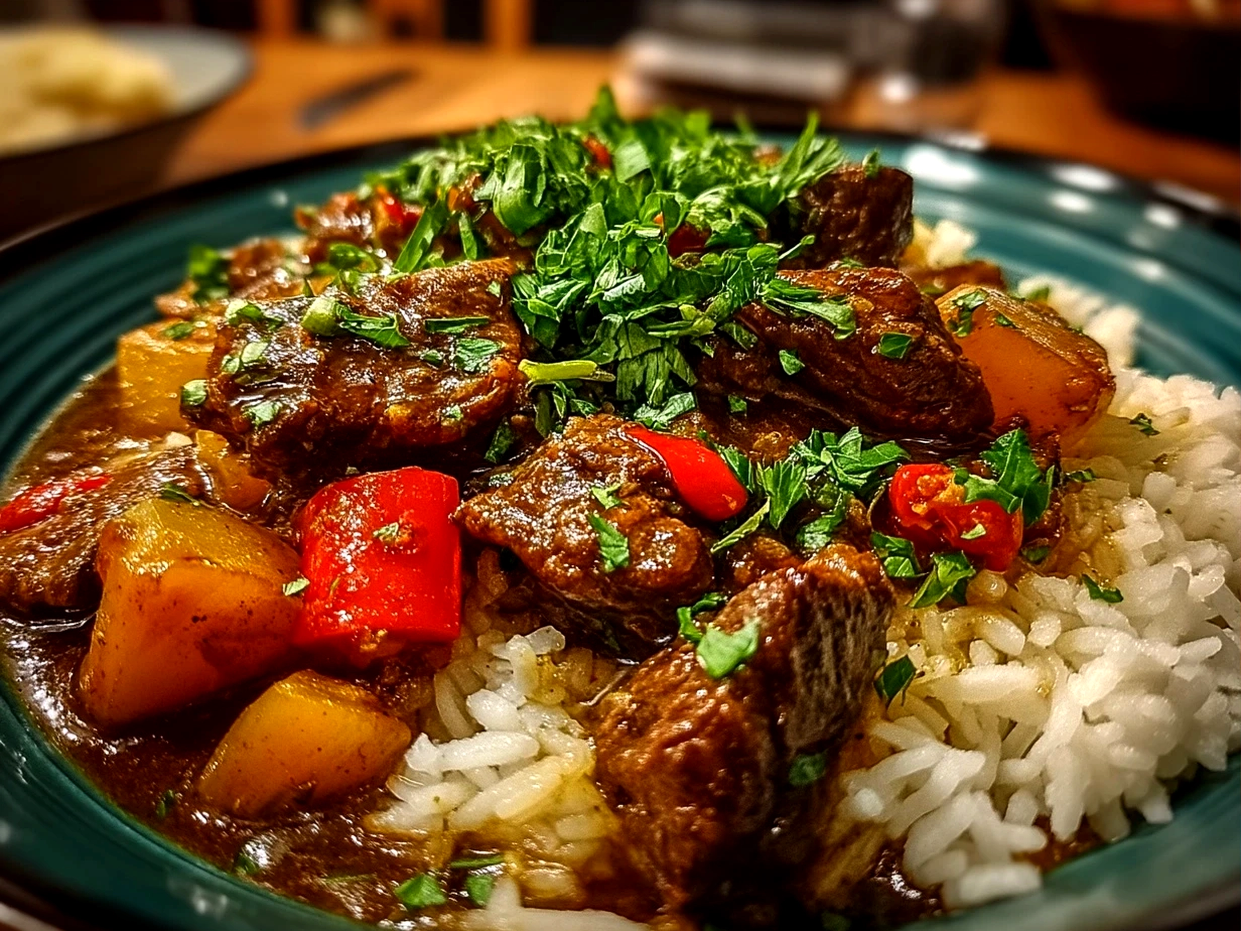 Serving platter of Indian Beef Curry in Slow Cooker accompanied by basmati rice and garnished with fresh cilantro
