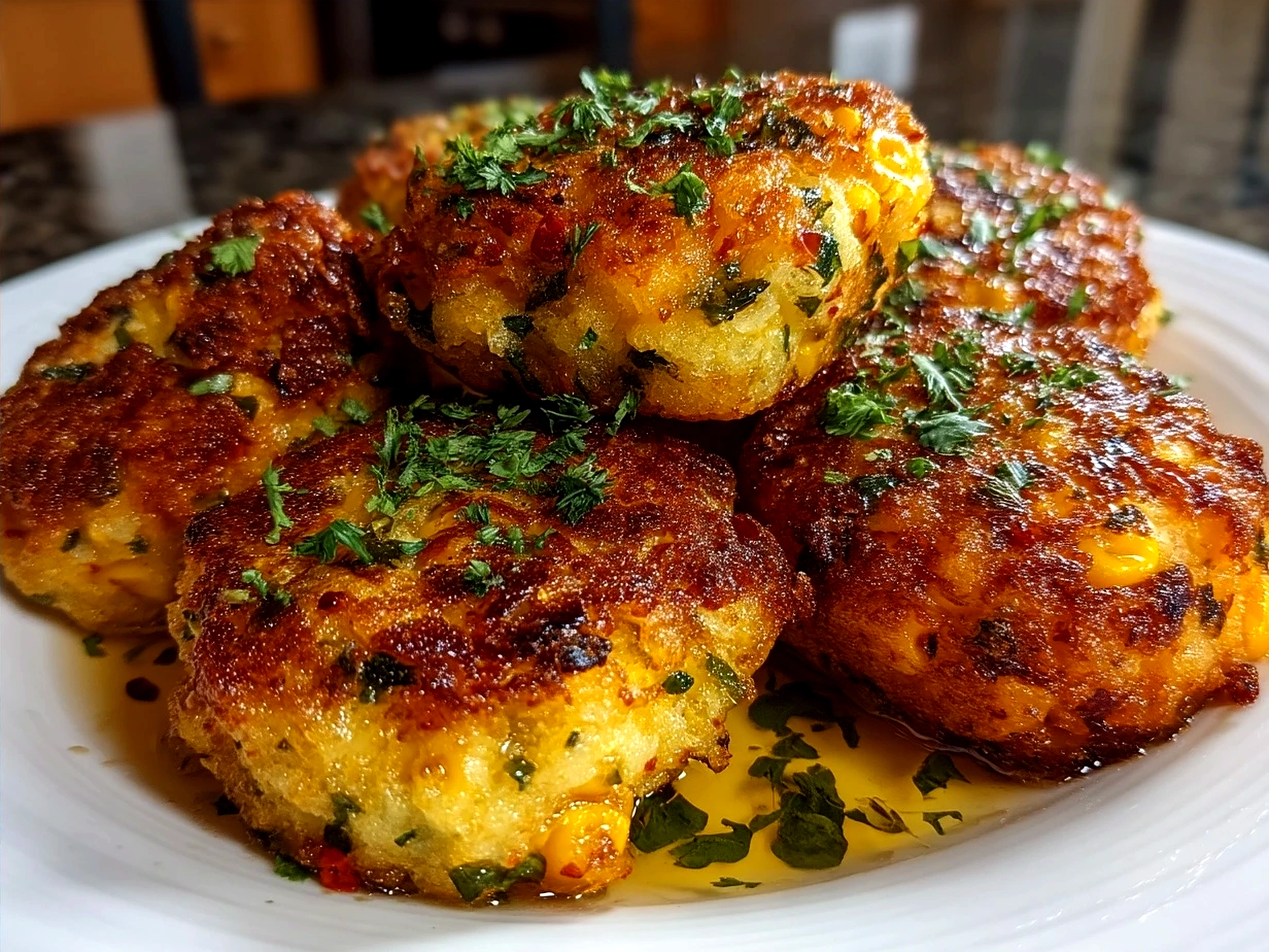 A basket filled with golden crispy Jalapeno Corn Nuggets served with jalapeno slices