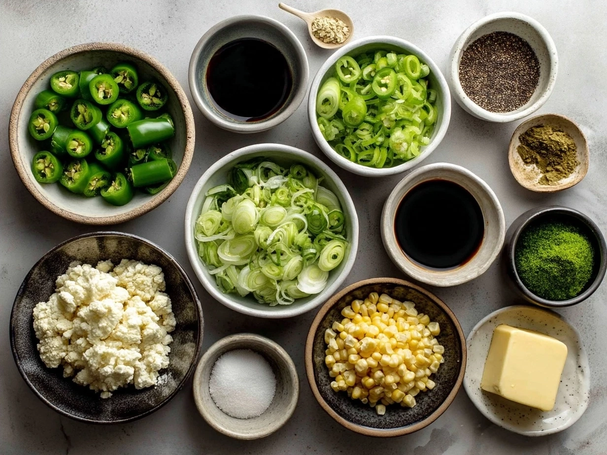 Ingredients for Jalapeno Corn Nuggets laid out on a kitchen counter