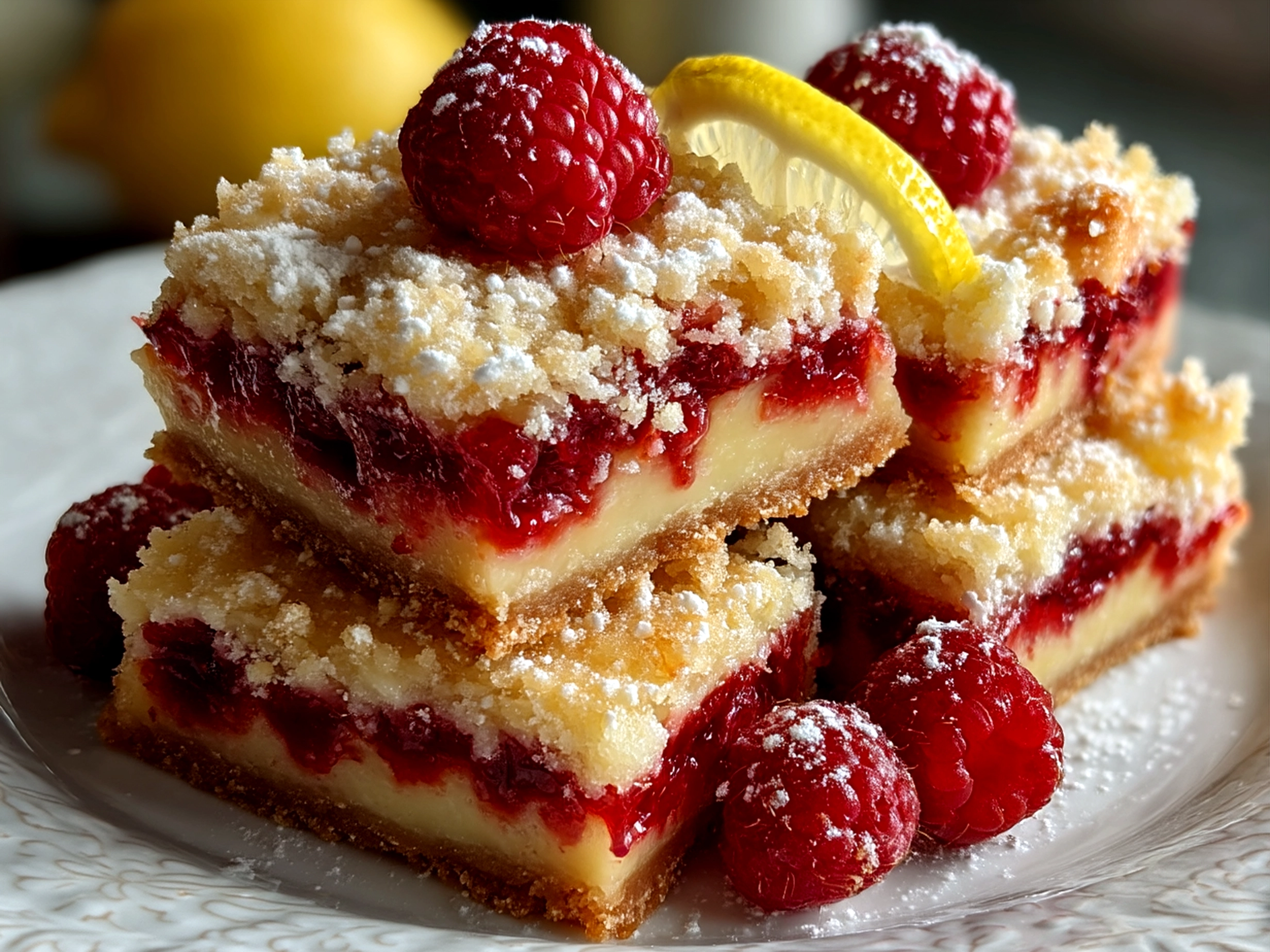 Finished Lemon and Sweet Raspberry Bars served on plate