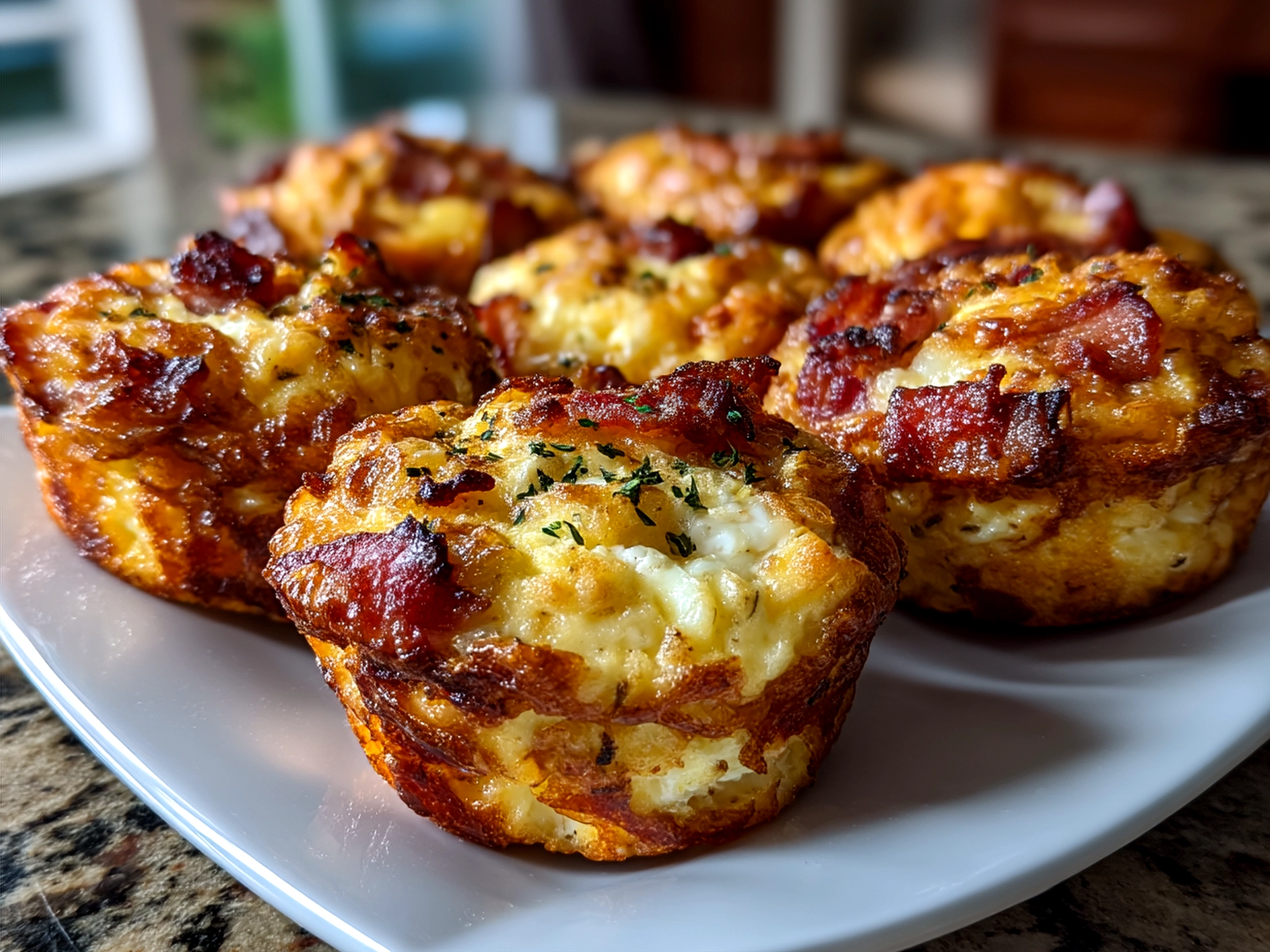 Plated Loaded Bacon and Egg Hash Brown Muffins served with fresh fruit