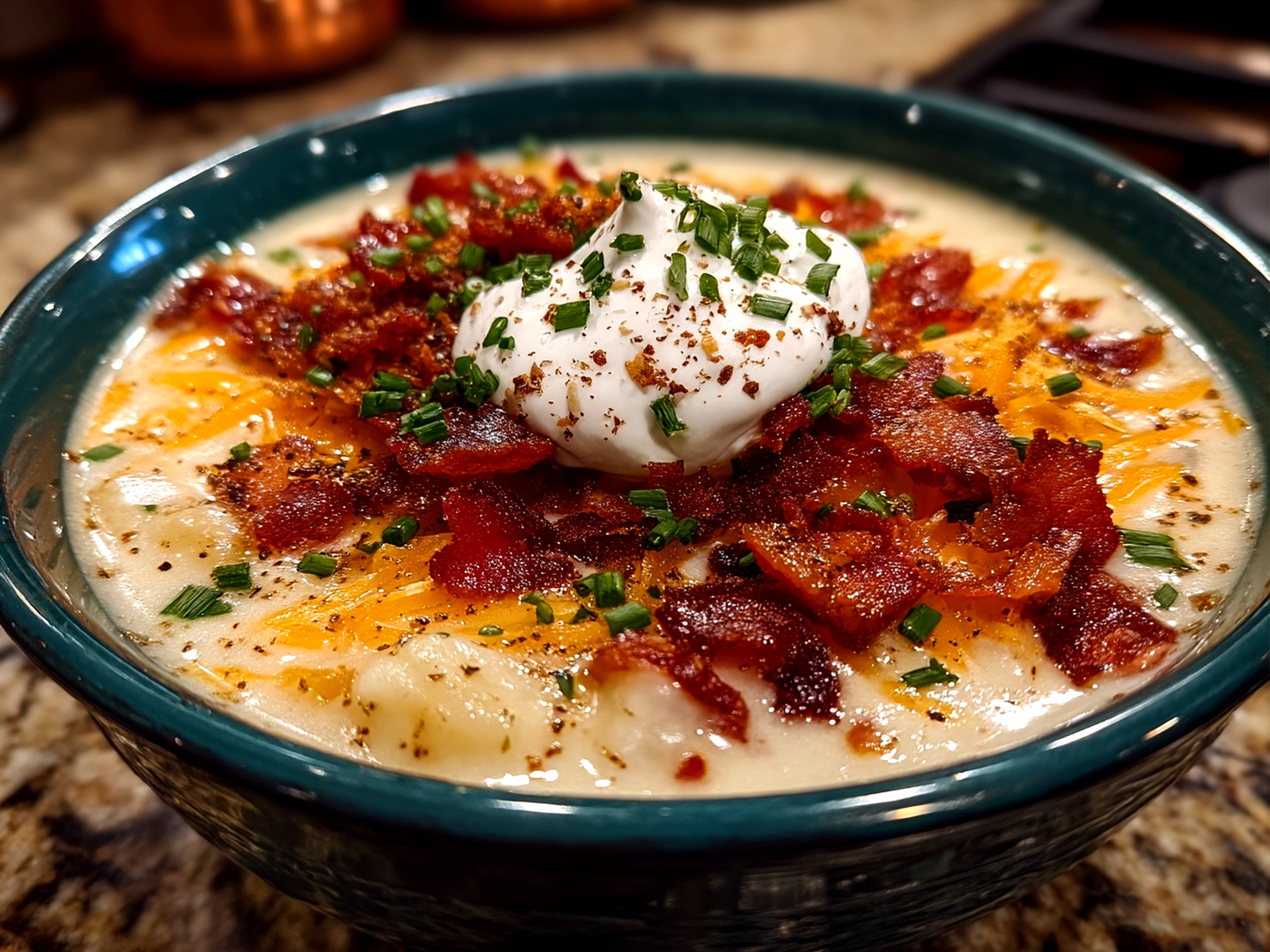 Loaded Potato Soup served in a bowl with garnish