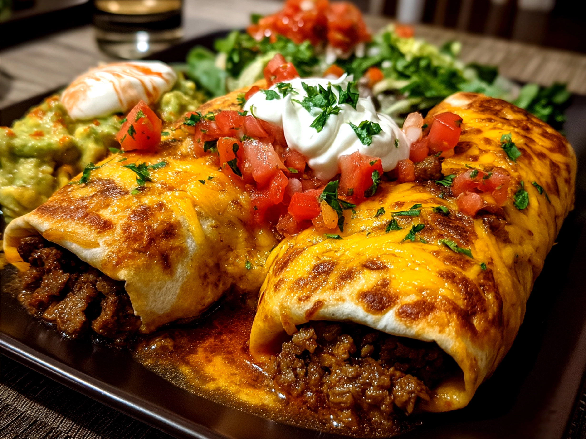 Served Loaded Wet Burritos with Spicy Verde Sauce garnished with avocado slices, sour cream, and fresh cilantro