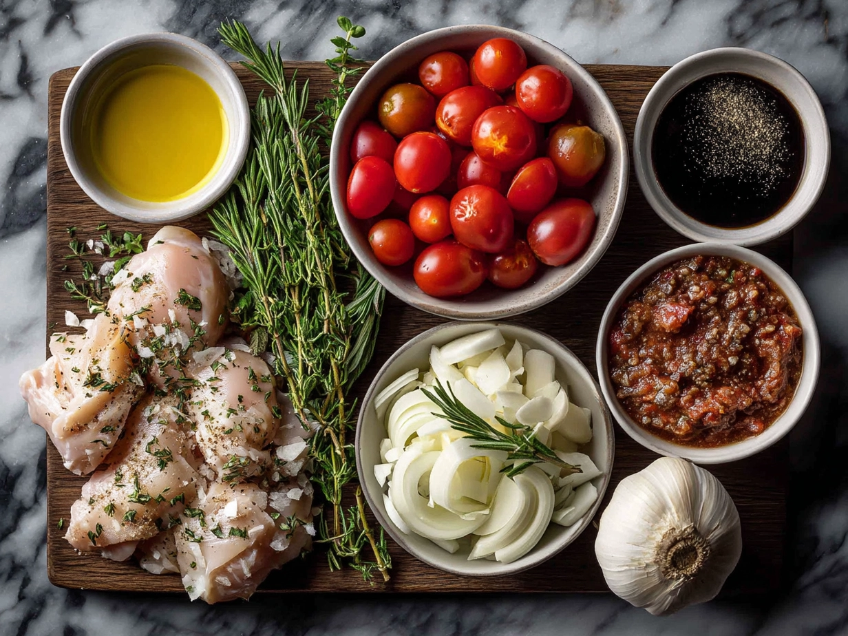 Ingredients for Marry Me Tuscan Chicken including chicken breasts, sun-dried tomatoes, garlic, and Parmesan cheese