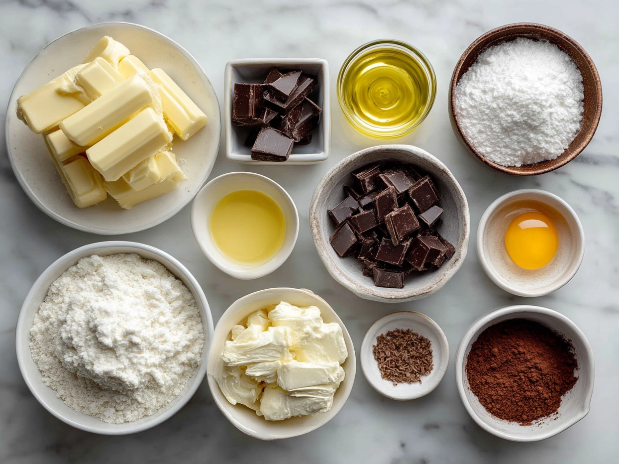 Ingredients for No Fail Fudge including sugar, cocoa powder, milk, butter, vanilla, and salt