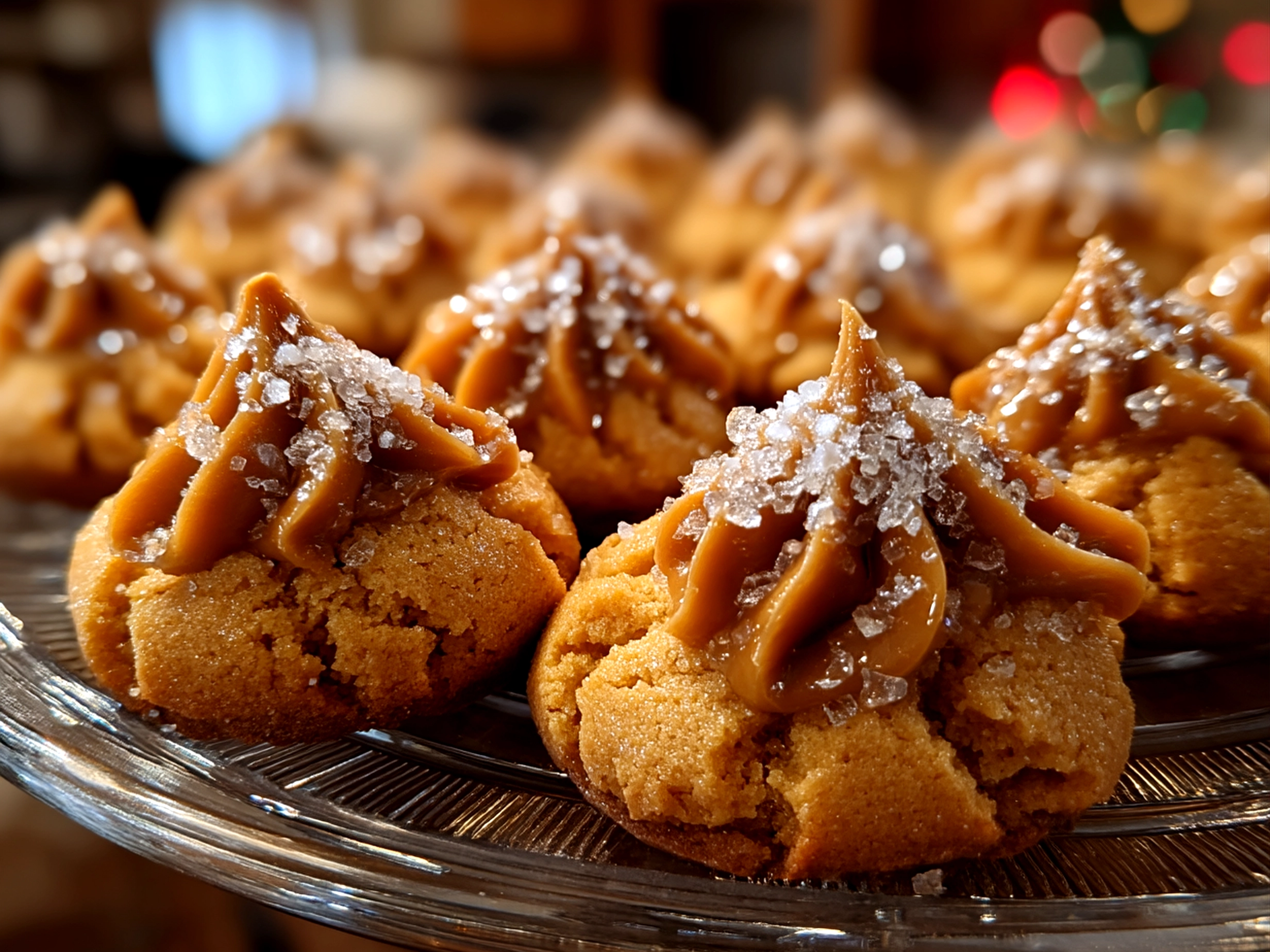 A plate of soft Peanut Butter Blossoms cookies with Hershey's Kisses on top