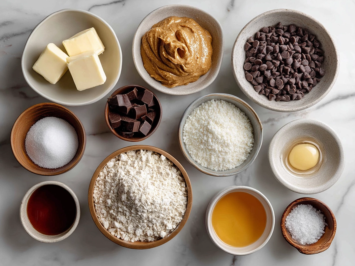 Ingredients for Peanut Butter Blossoms including butter, sugar, peanut butter and chocolate kisses