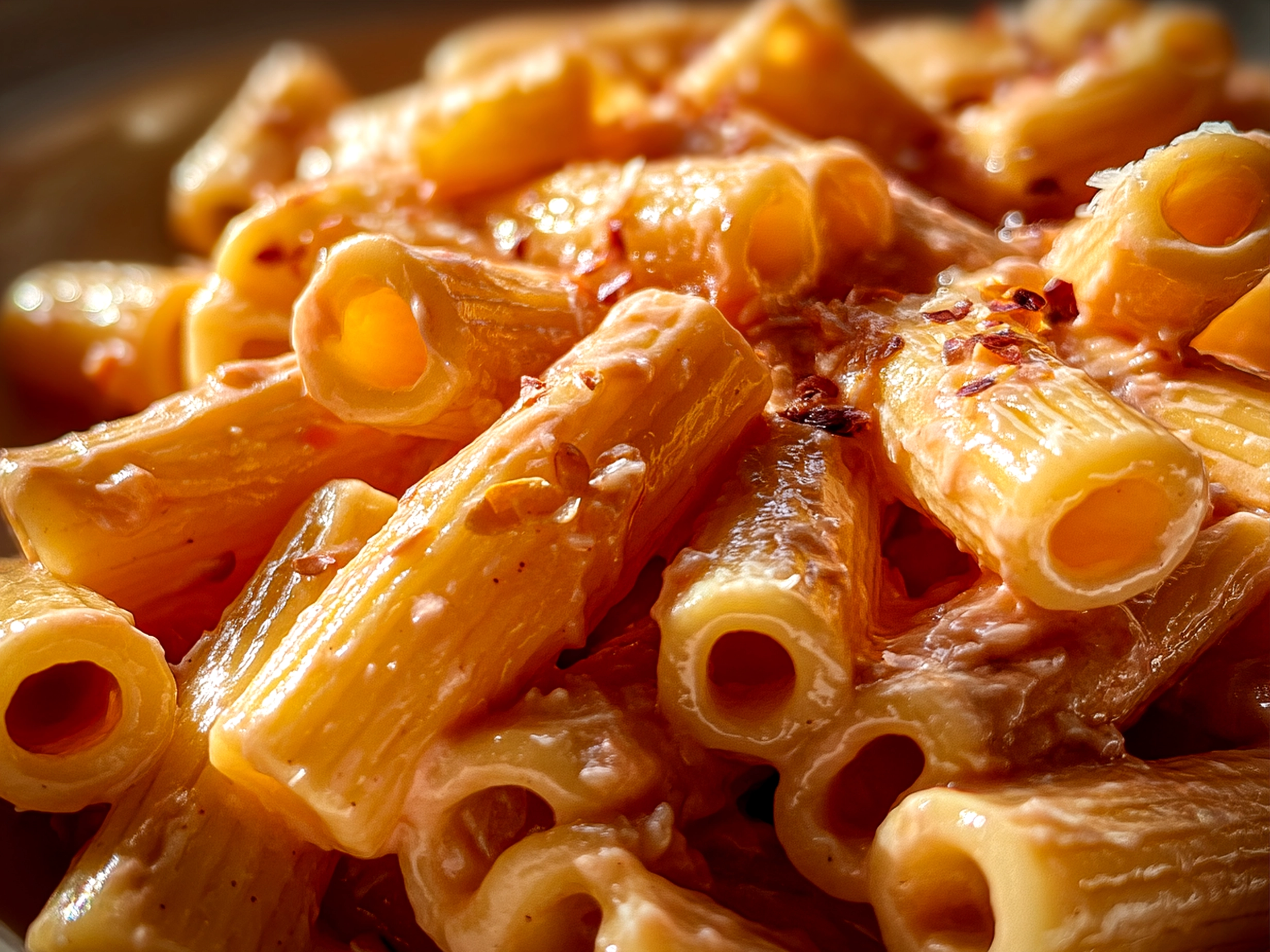 Served Pink Creamy Vegan Pasta garnished with fresh basil on a dinner table