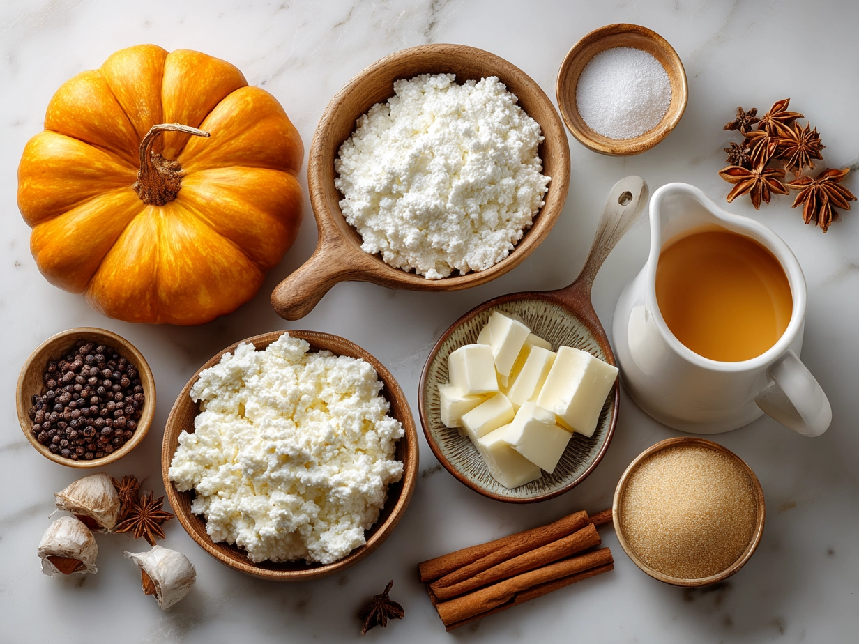 Ingredients for Pumpkin Cottage Cheese Bake including pumpkin puree, cottage cheese, oats, and spices