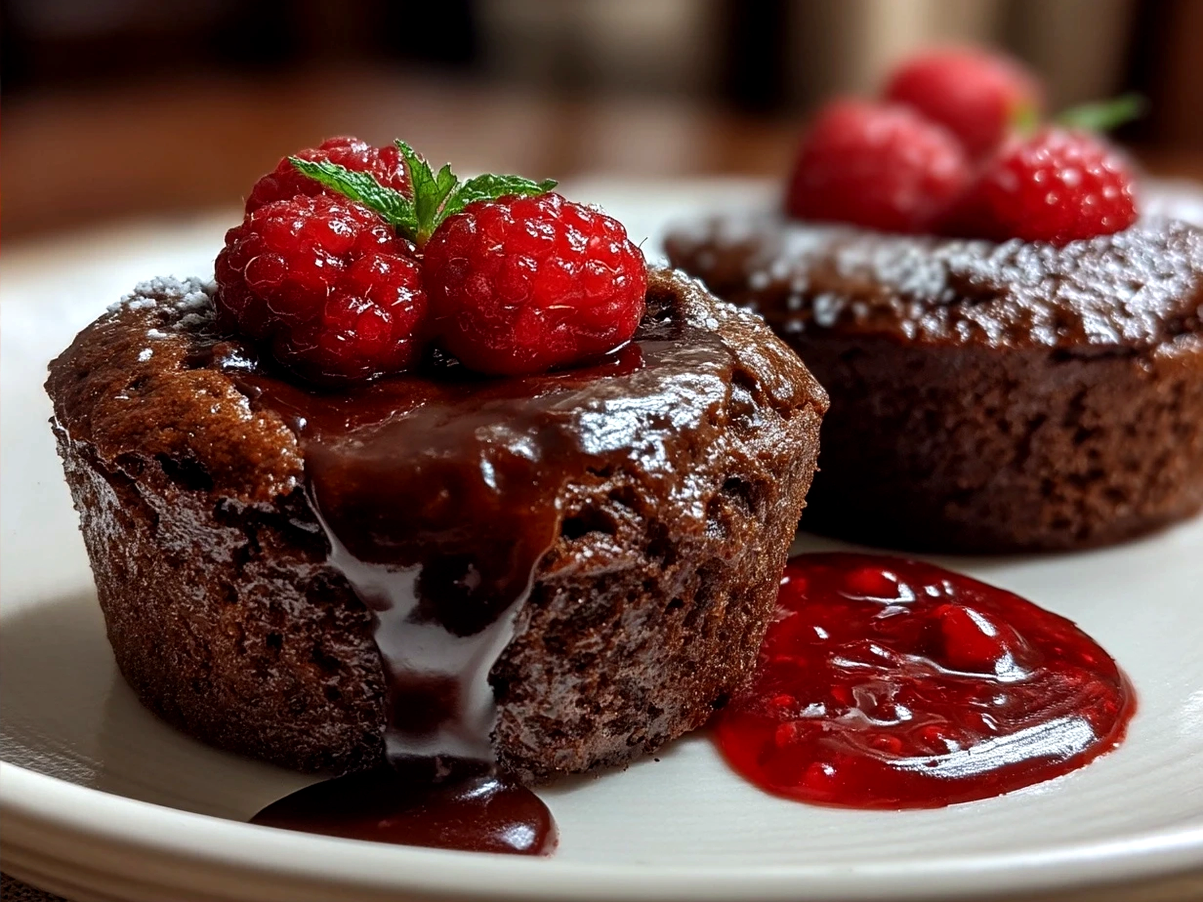 Raspberry Chocolate Lava Cupcakes served with cream and powdered sugar