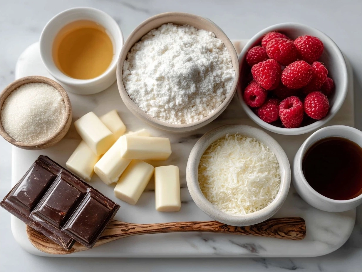 Ingredients for Raspberry Chocolate Lava Cupcakes laid out