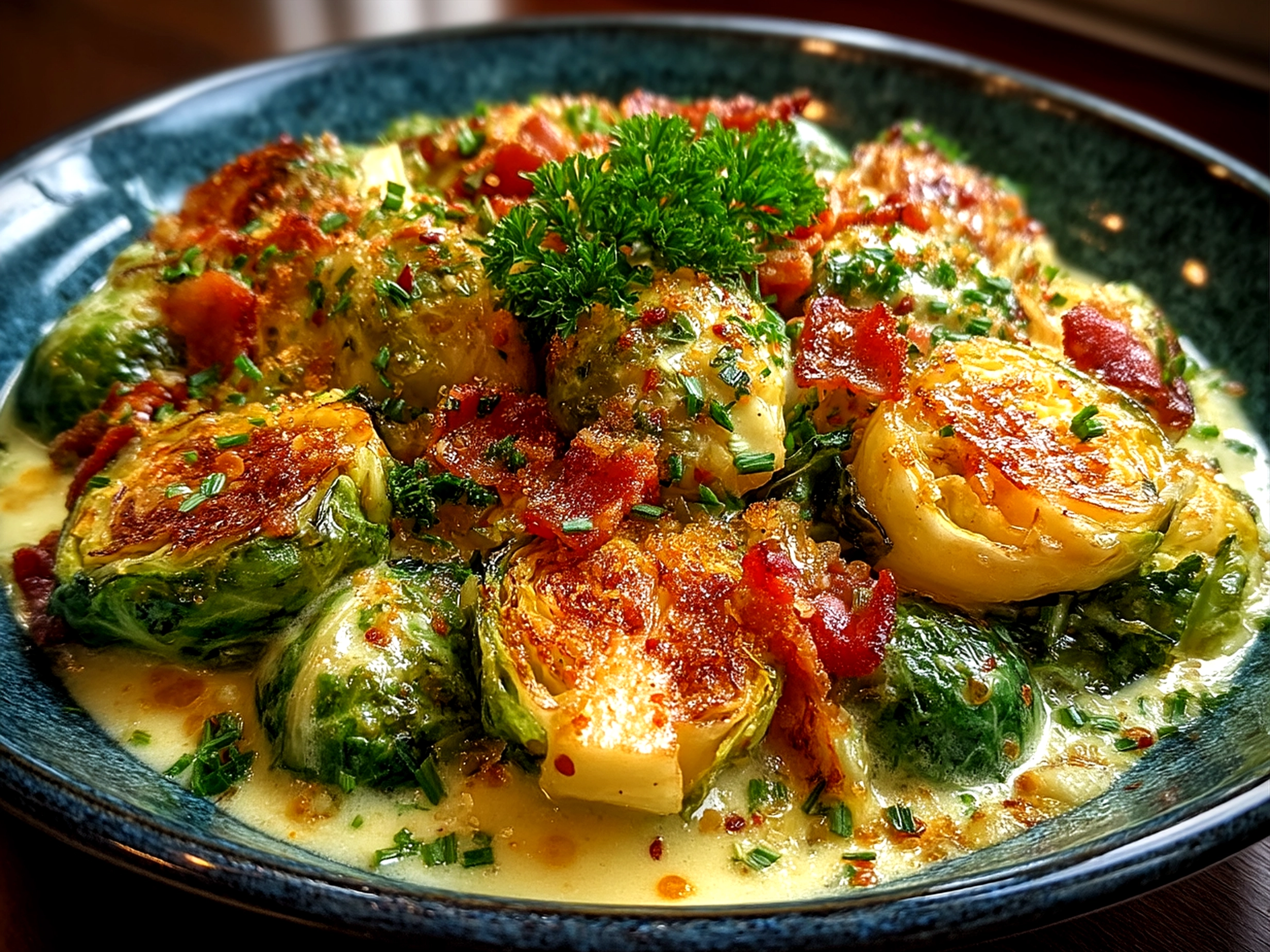 Creamy mustard Brussels sprouts served warm in Frischkse-Senfsauce with fresh parsley garnish