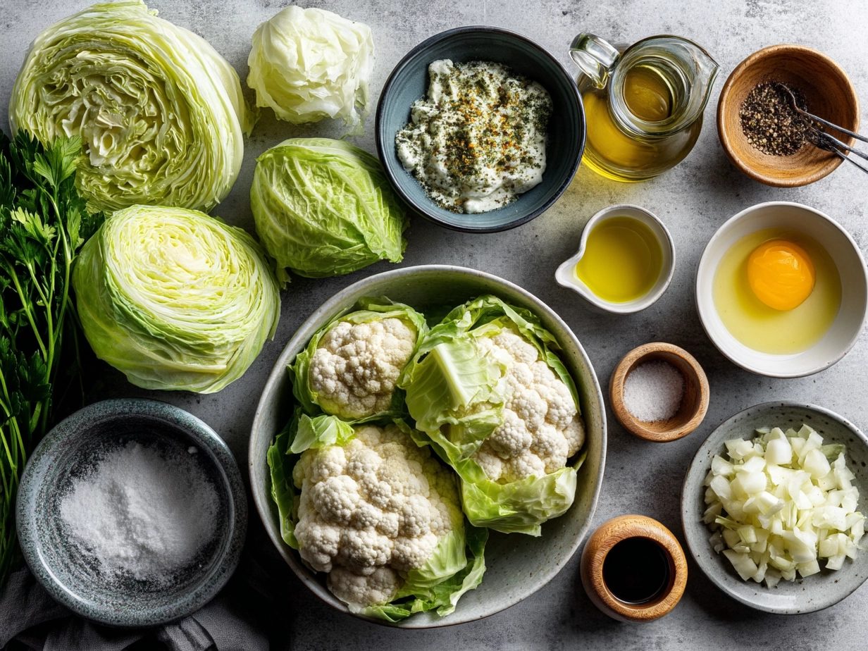 Fresh ingredients for Rosenkohl in Frischkse-Senfsauce including Brussels sprouts, cream cheese, mustard, onion, and garlic